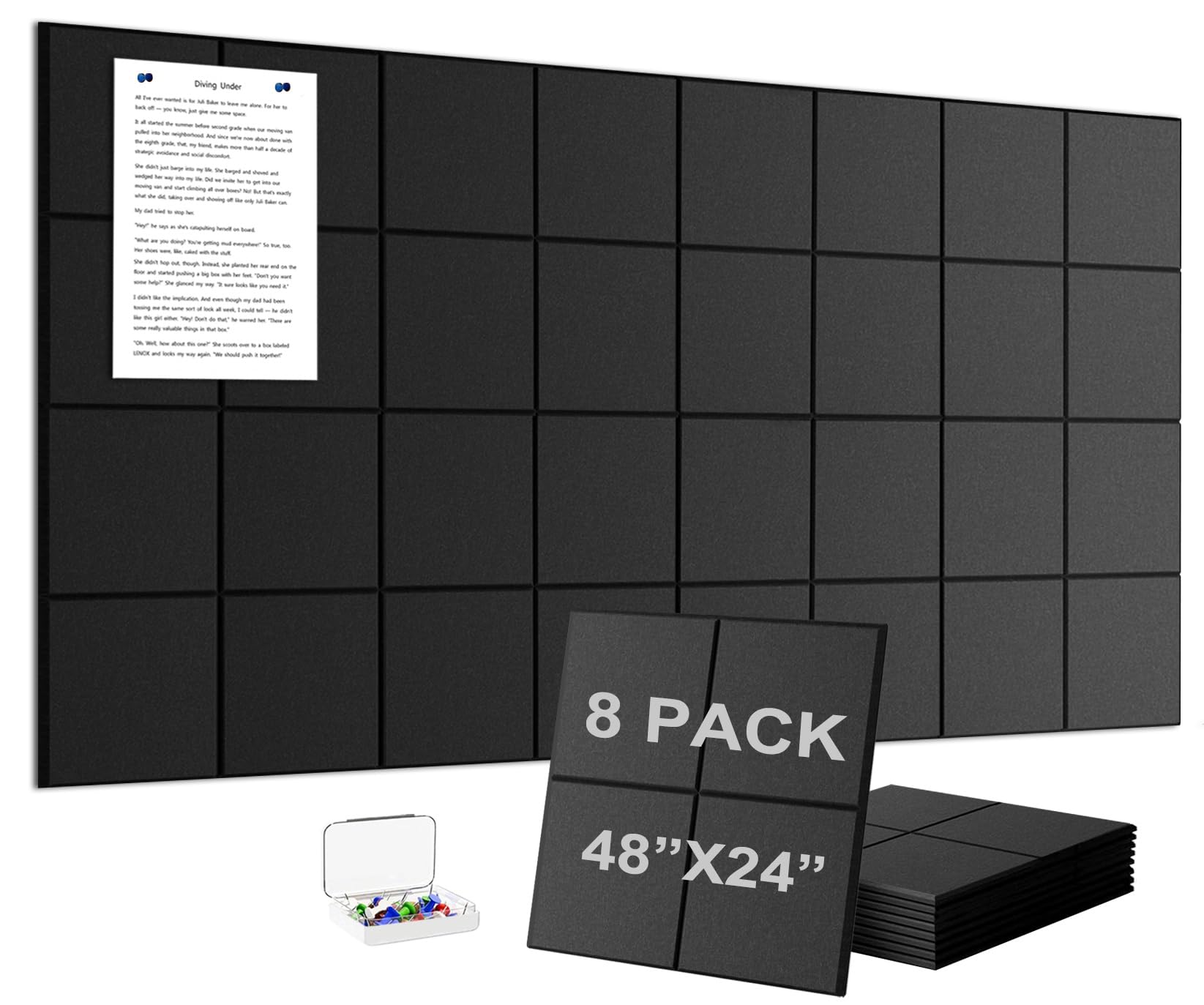 Large Felt Bulletin Board Wall Tiles,8-Pack Black Flat Felt Pin Board with 30 Pushpins and 56 Safe Removable Adhesive Tabs(Flat Black)