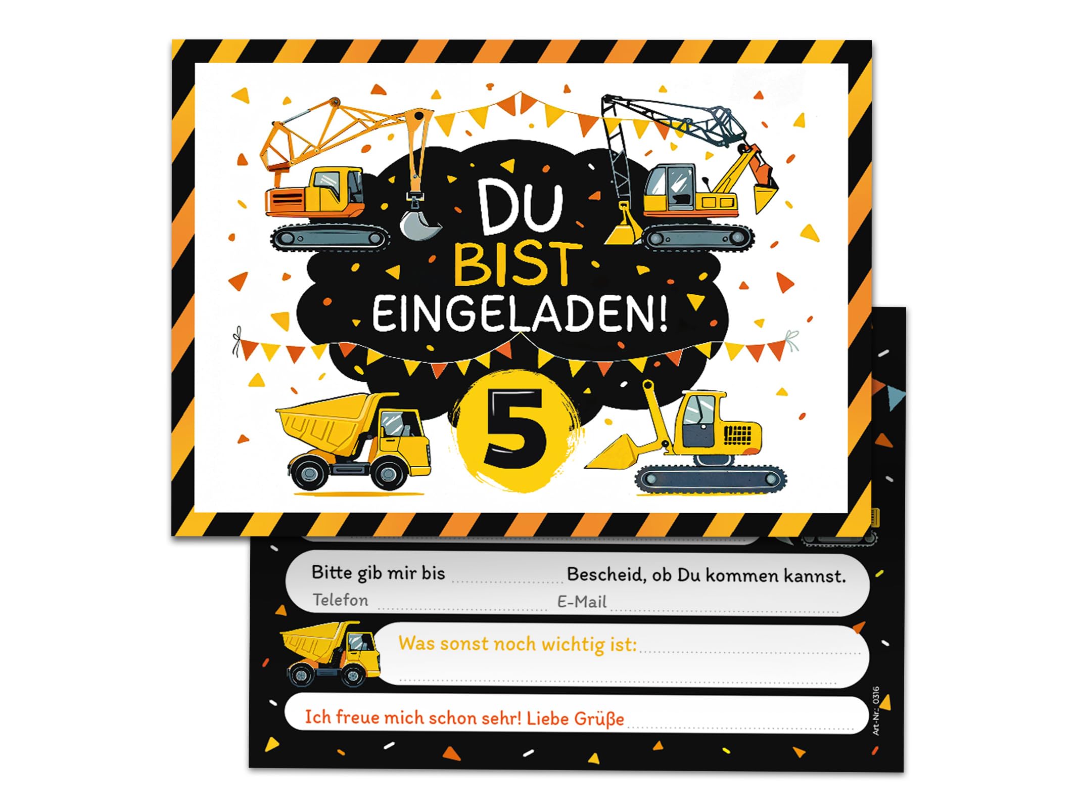 Junaversum 8 Einladungskarten zum 5. Kindergeburtstag Bagger Baustelle Kinder Jungen coole bunte Einladungen fünfte Geburtstag Geburtstagseinladungen Kids