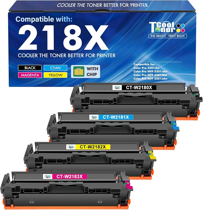 Cartuchos de tóner 218X, paquete de 4 para HP 218 218A W2180X 3301fdw 3201dw 3301sdw | Compatible con tinta de impresora HP Color LaserJet Pro MFP 3301 3301fdw 3301cdw 3201dw 3301sdw 3201 de alto rendimiento con Chip B/C/Y/M