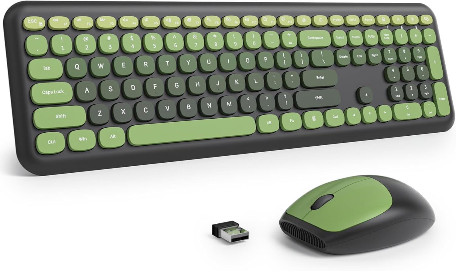 Fogruaden Quiet Wireless Keyboard and Mouse, 2.4GHz Retro Cute Typewriter-Style Full-Size Colorful Keyboard and Mouse Combo, Slim Design, Low-Noise Typing for Home, Office, Windows PC (DarkGreen)