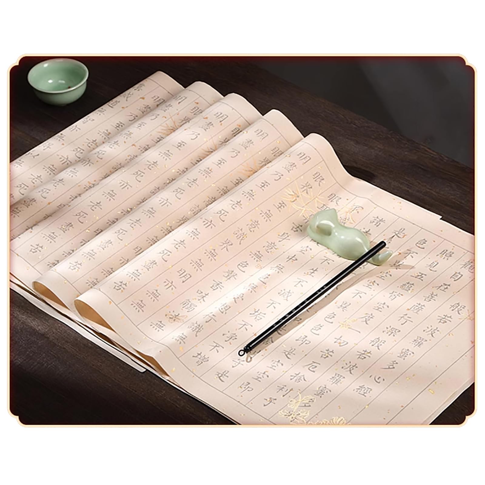 Chinese Calligraphy Handwriting Practice Copybook, Heart Sutra & Auspicious Sutra 40 Sheets Set, Small Characters on Tracing Rice Paper with Golden Colored Pattern