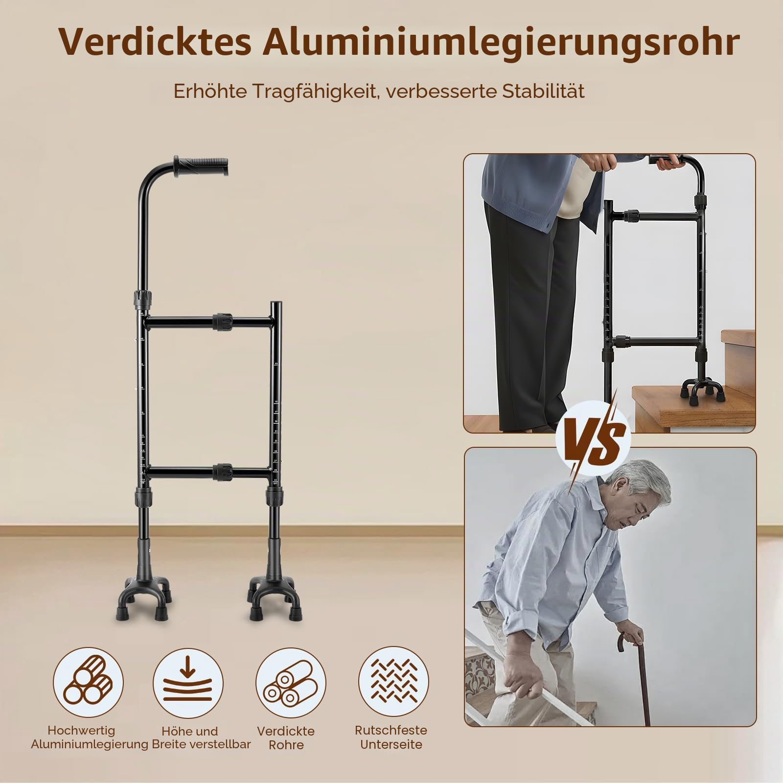 Gehstock, Treppensteighilfe Krücken Gehhilfe Stock Gehhilfe für Senioren Höhe (85-115CM) und Breite(22-36CM) Einstellbar Vierbeinige Basis Vielseitiges Gehstock Treppensteighilfe 2-in-1 Design