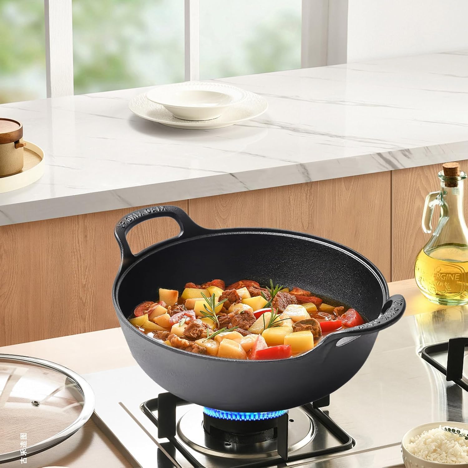 TeamSky Wok Wok wok antiadherente de hierro fundido con tapa, sartén con parte inferior plana, utensilios de cocina tradicionales pequeños y resistentes sin revestimiento con asas integrales dobles