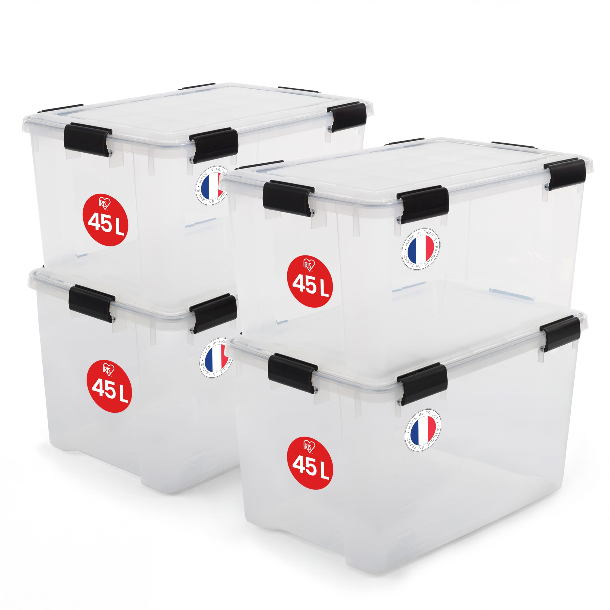 Iris Ohyama Luftdichte Kunststoff-Aufbewahrungsboxen mit Deckel, 45L, 4er-Set, Transparent, Hermetischer wasserdichter Verschluss, Robuste Schnappverschlüsse, Stapelbar, Staubschutz, BPA-frei, WSB-45