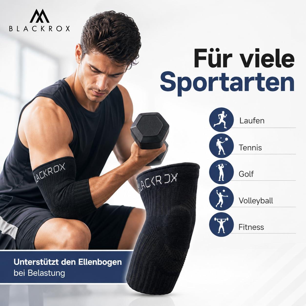 BLACKROX Ellenbogenbandage Lumioro – Tennisarm Bandage für Stabilität & Entlastung beim Sport – atmungsaktive Ellbogen Bandage für Damen & Herren, geeignet beim Training und Alltag – Schwarz Gr. M