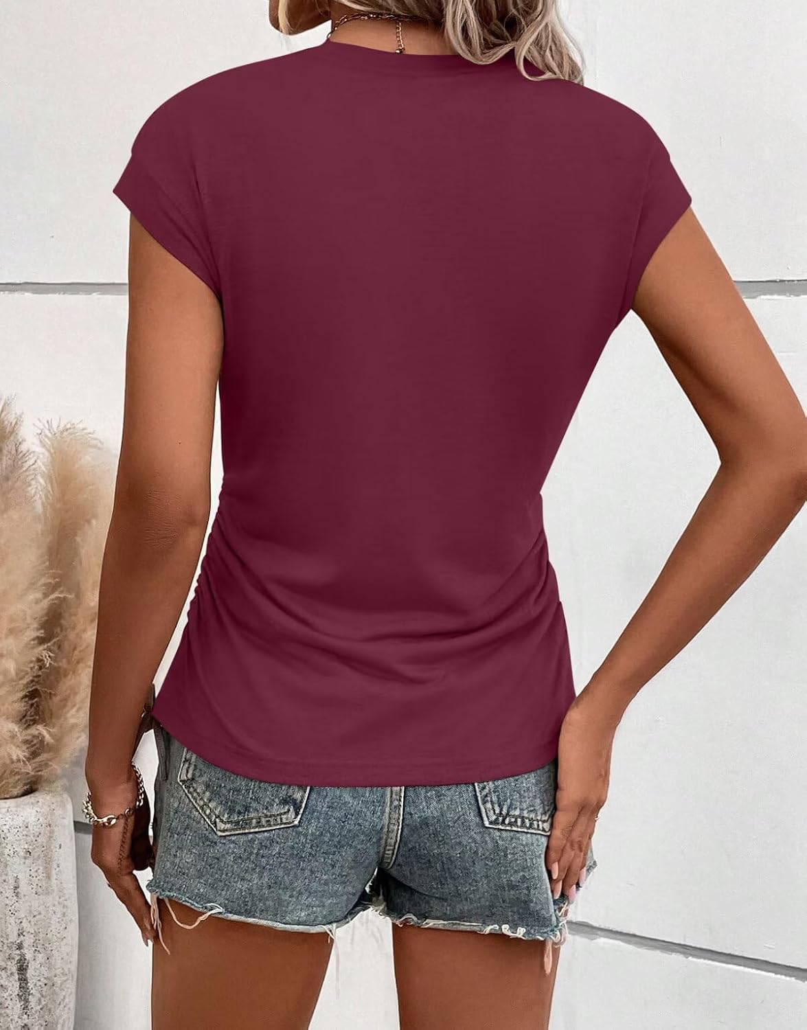 Bliwov Womens Summer Tops Business Casual Cap Sleeve V Neck T Shirts Trendy Outfits Beach Vacation Clothes Fashion Blouses - Image 2