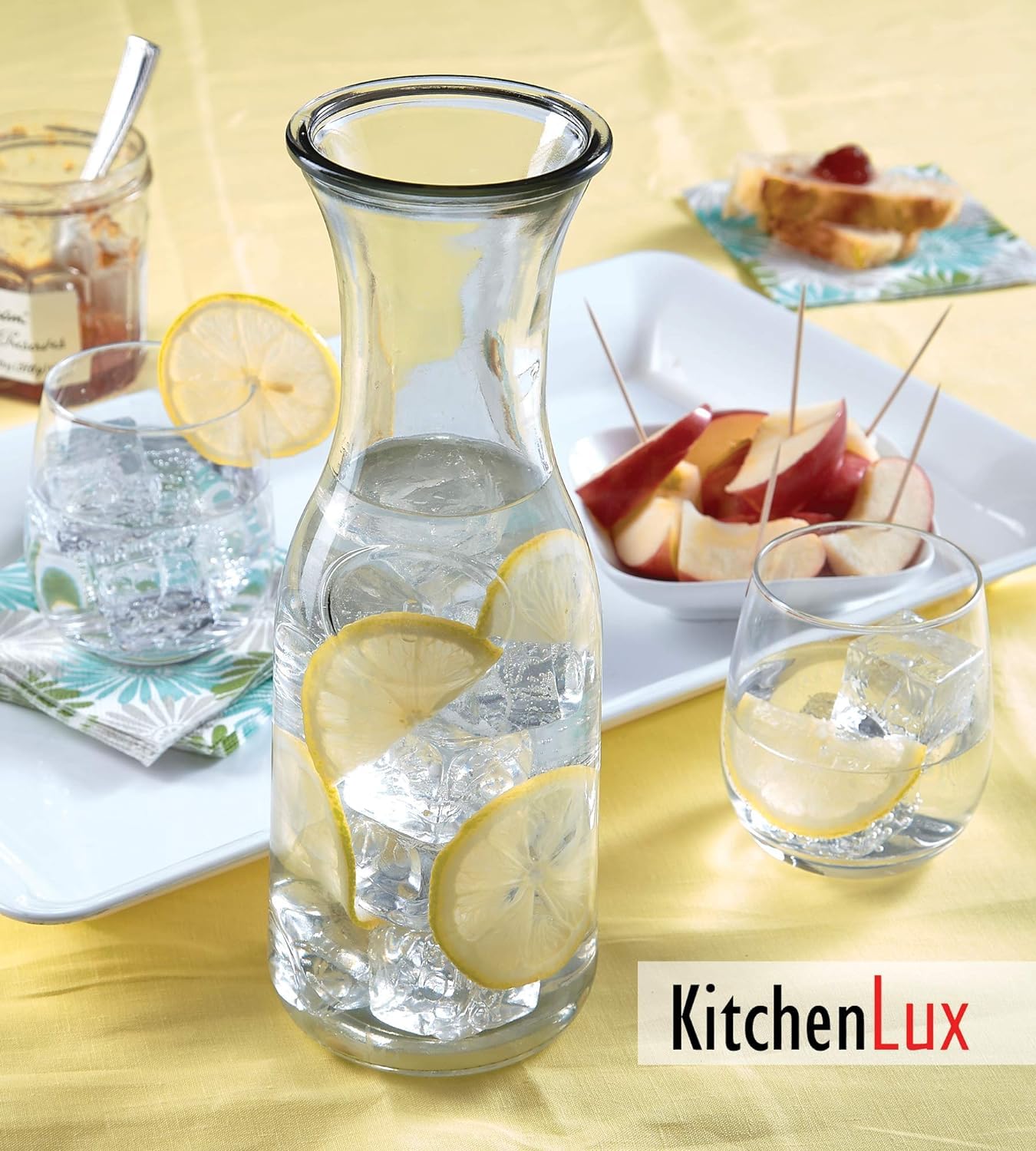 Kitchen Lux Glaskaraffe, 1 Liter Getränkekrug & elegante Weinkaraffe Dekanter, Karaffe Set mit 12 Stück, Mimosen-Bar-Karaffen & Saftgläser, Easy Pour Flaschen, Glas Wasserkaraffe, 963.9 g