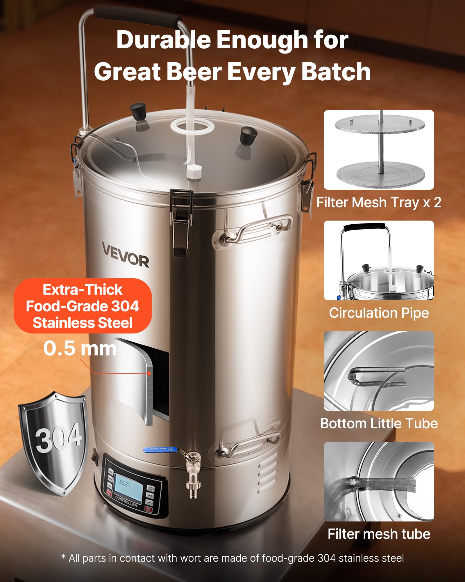 VEVOR Sistema per Produzione di Birra, Bollitore da 60 Litri per Uso Domestico, Pentola Elettrico per Produzione di Birra modalità Automatica/Manuale, Pannello di Controllo Tubo di Circolazione
