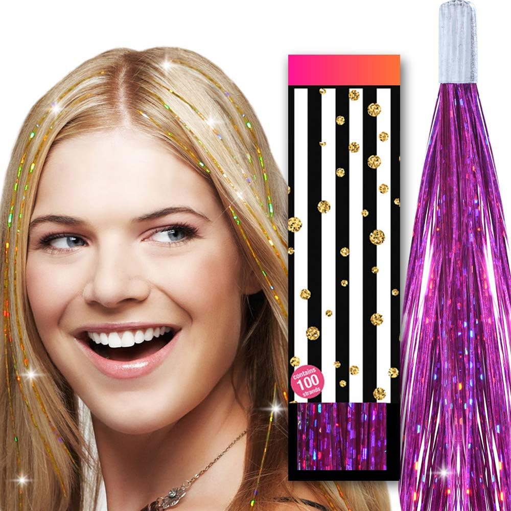 Hair Tinsel Glitter Strands - by HAIR DAZZLE - 100 x 40 inch Holographic Fairy Extensions - FUCHSIA PINK color - Salon Quality & Safe For Kids, Perfect Christmas Party Accessories or Gifts for Girls