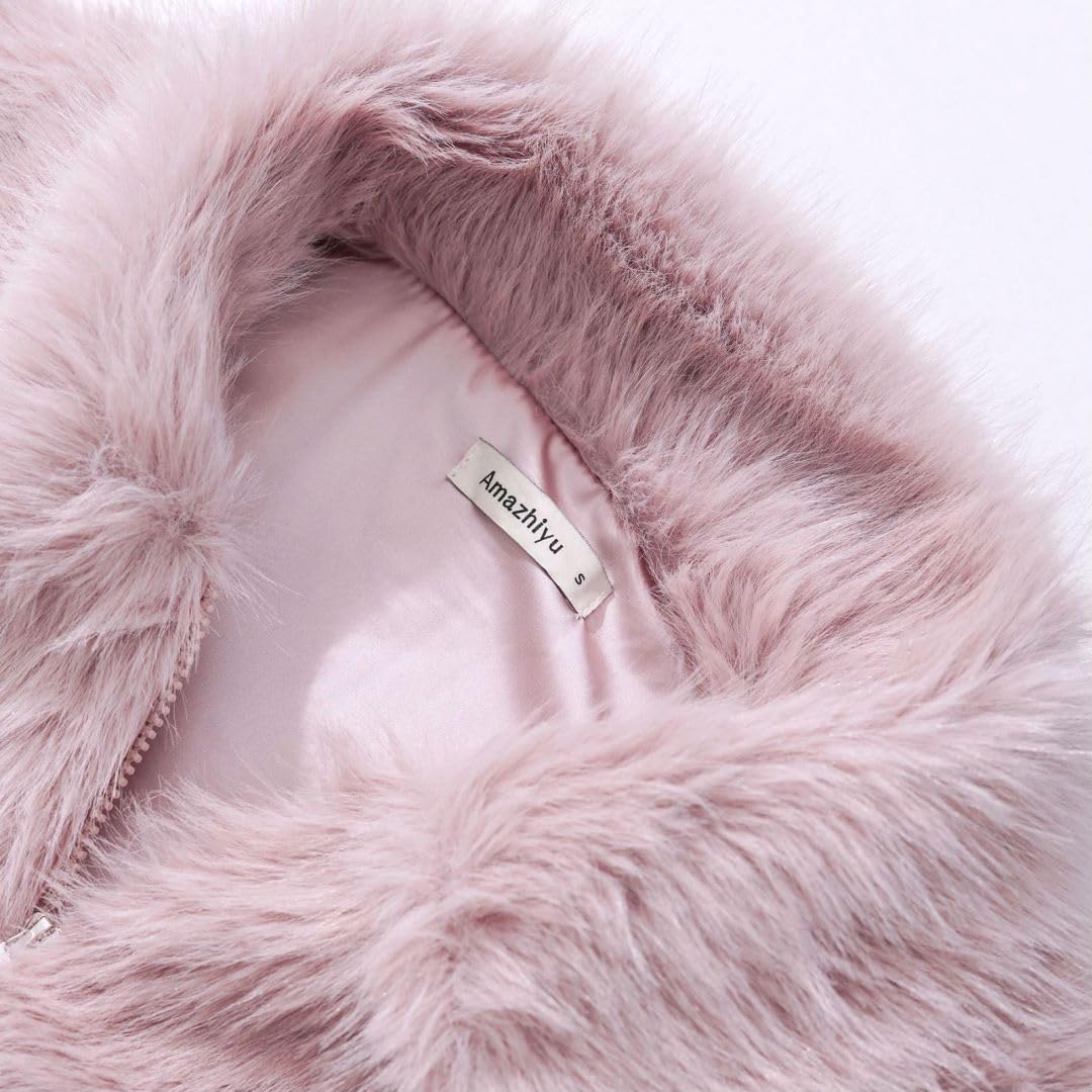 Amazhiyu Womens Faux Fur Zip-Up Cropped Jacket Long Sleeve Warm Winter Coat - Image 4