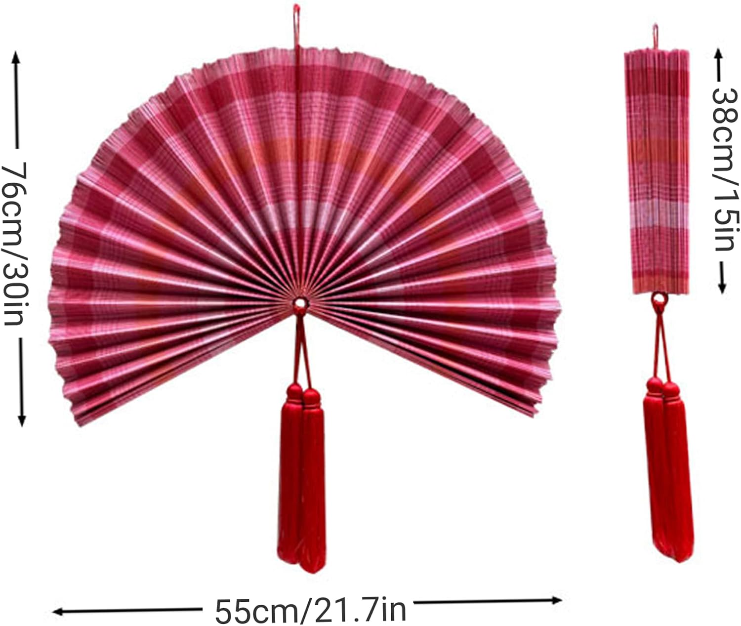 Ginwrek Fan Wall Decor, 30x22in Big Fan Wall Art Foldable Decorative Fans with Tassel for Home Office Hotel, Red