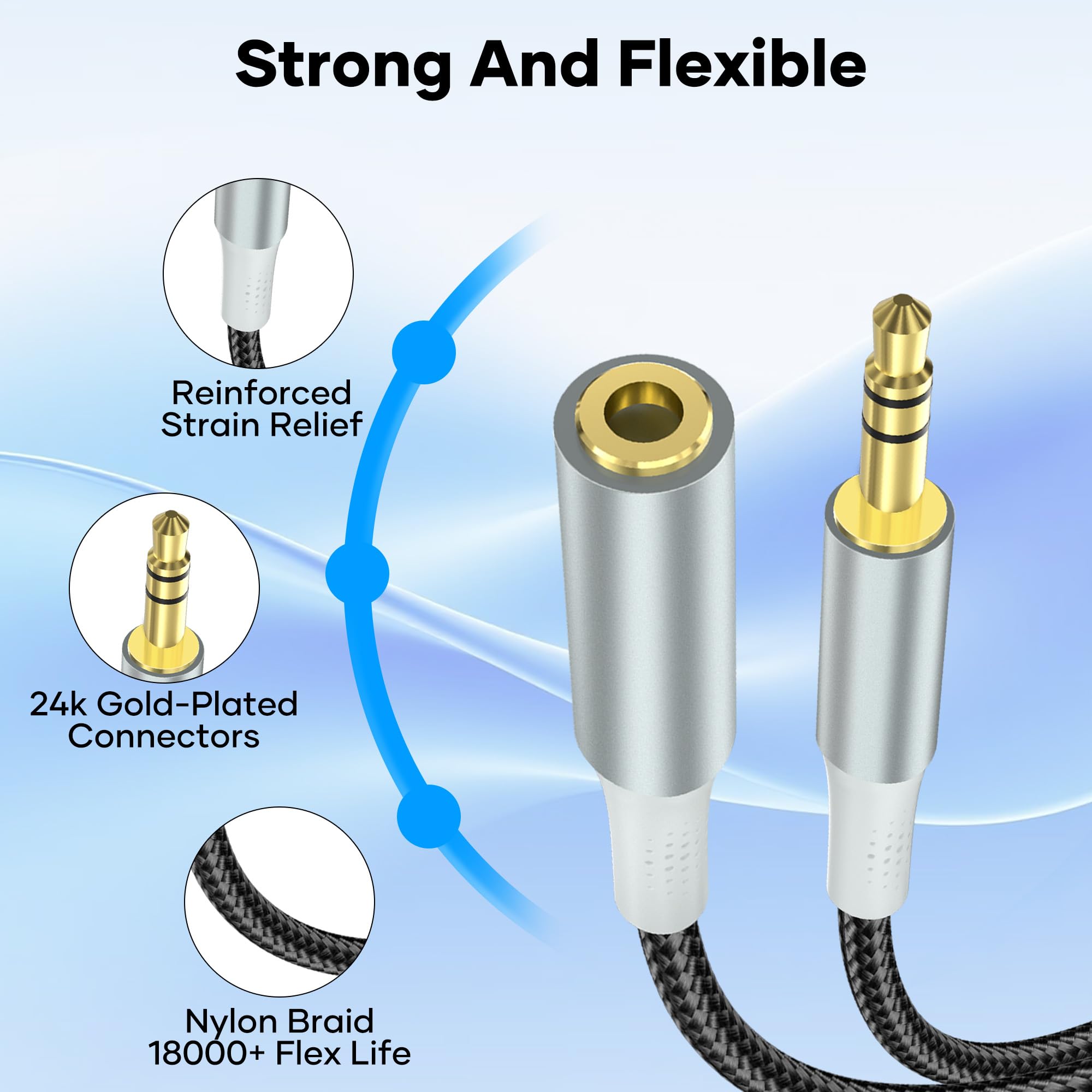 Kabel przedłużający jack 3 m, nylonowy, pleciony, 3,5 mm, stereo jack audio, przedłużacz do gniazda wejściowego AUX, kompatybilny ze smartfonami, iPhone'ami, słuchawkami, głośnikami, odtwarzaczami