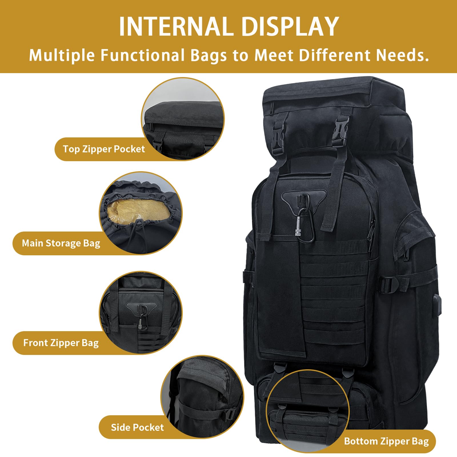 Sac à Dos de Randonnée de Camping 80L, Grand Sac à Dos Tactique Militaire, Sac à Dos De Voyage Étanche Avec Mousqueton Sac à Dos MOLLE Extérieur pour Hommes Femmes (Noir)