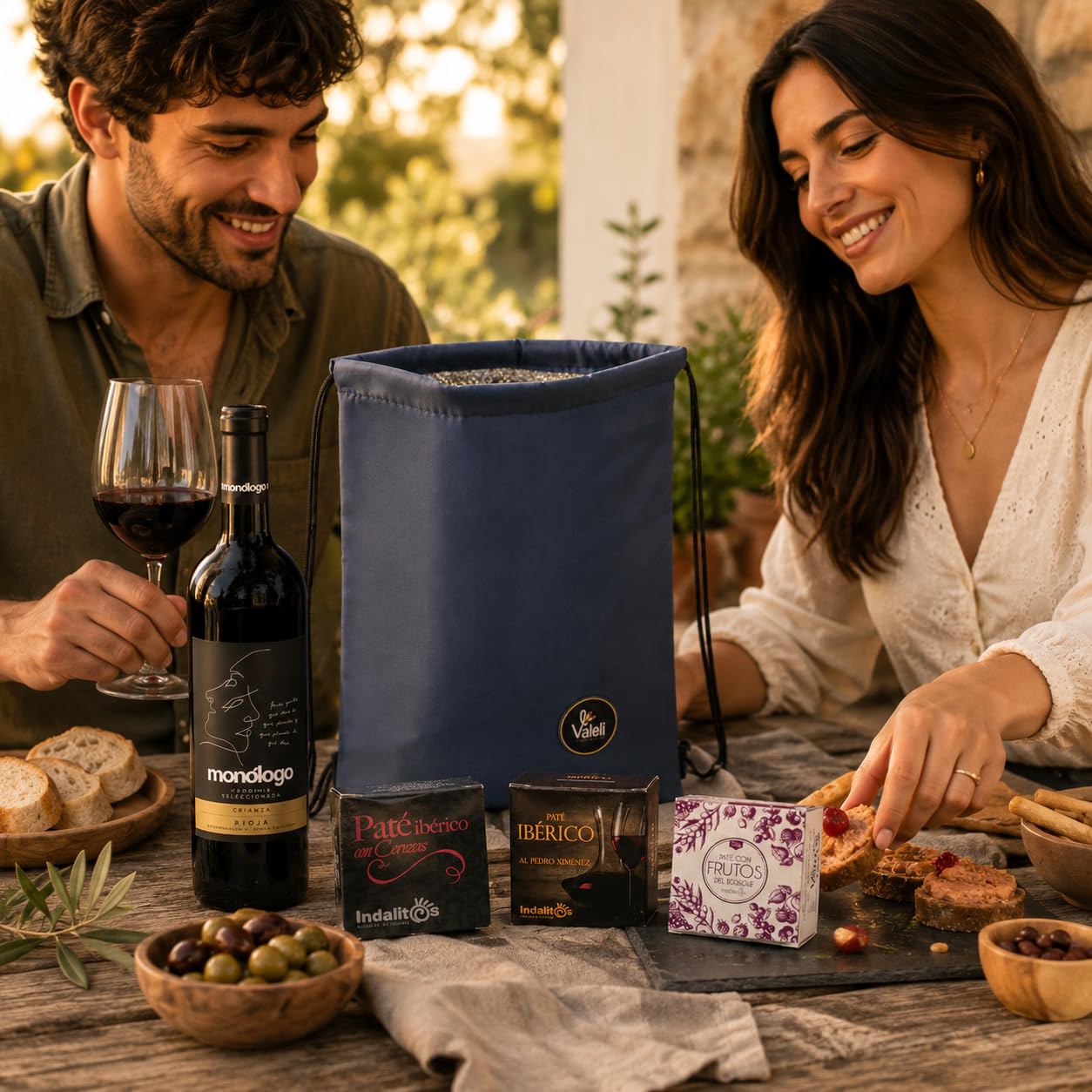 VALELI Pack regalos para hombre mujer, Cesta Gourmet con Vino Tinto Rioja Crianza 75cl, 3 Patés Ibéricos y Mochila Isotérmica.Detalle Cumpleaños, Navidad
