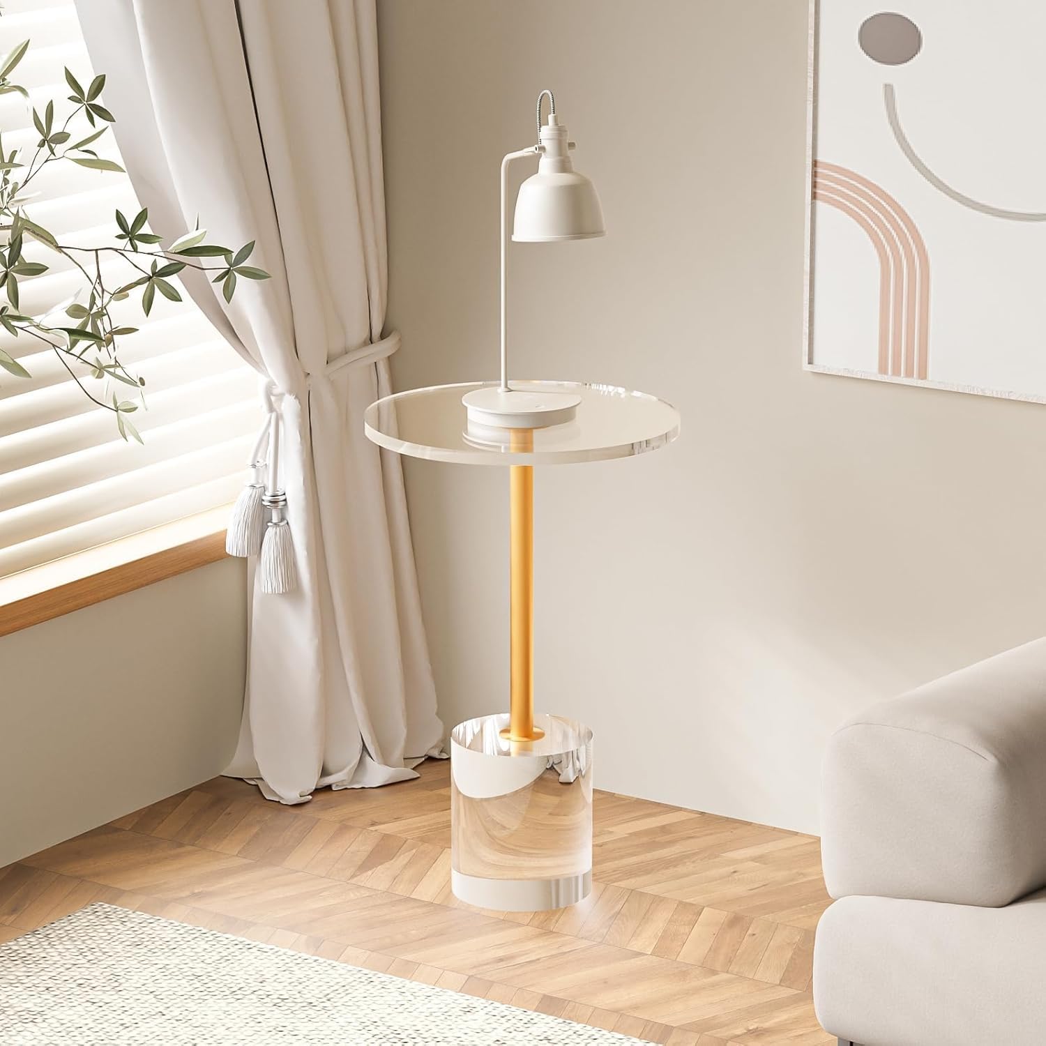 Clear Acrylic Side Table, Round Modern Drink Table, Small End Table, Brushed Brass Metal, Acrylic Furniture for Office, Living Room and Bedroom, 13.8 x 13.8 x 21.8 Inch