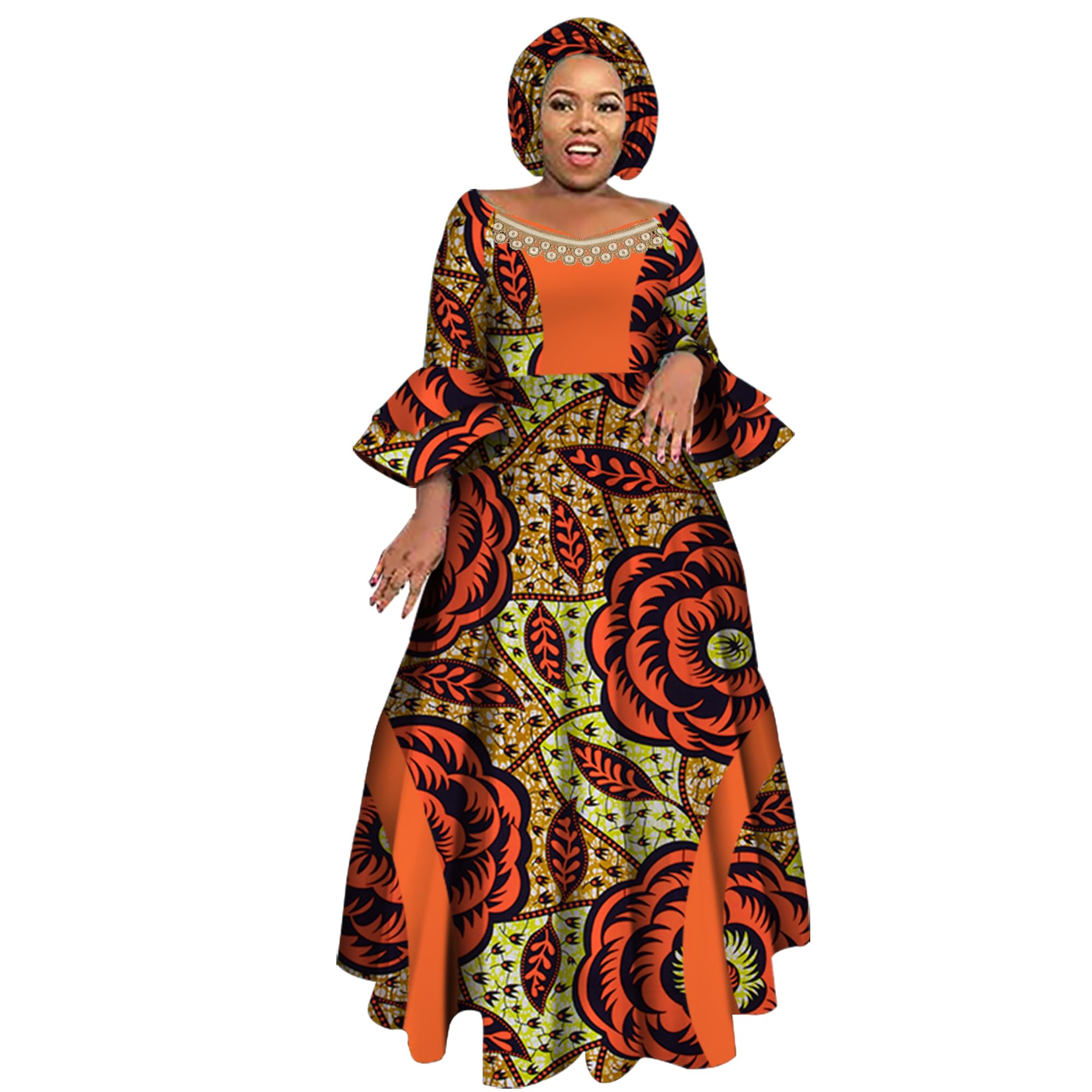 iooiooi Womens African Print Party Maxi Dress Ankara Long Dress &amp; Headwrap