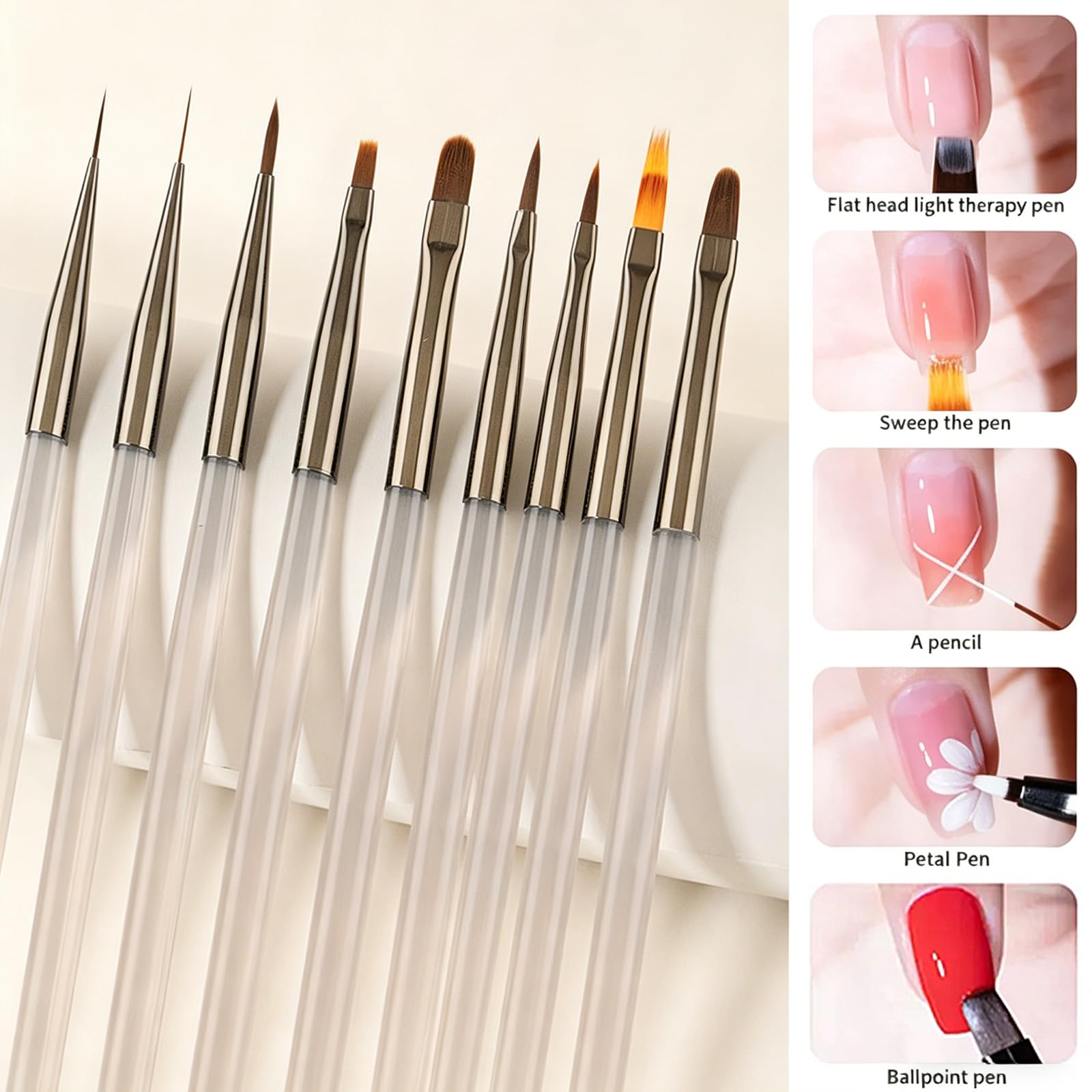 Set da 9 Pennelli per Unghie Grigio Ghiaccio, Pennelli Professionali per French Nails e Smalto UV Gel, pennelli per unghie gel Include Pennello per Intaglio Cristallo e Sfumato, per Manicure