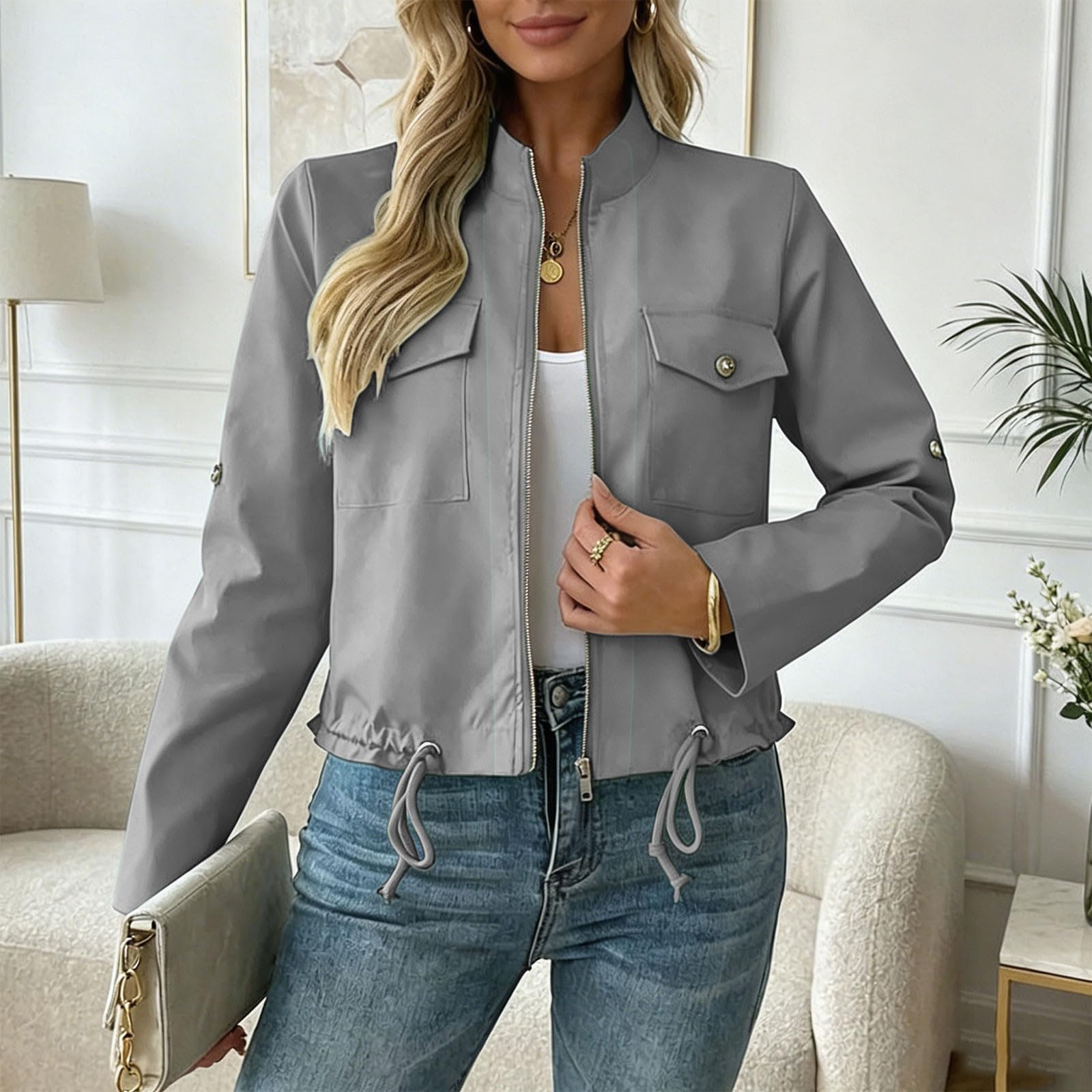 UHouse Bomberjacke Damen Kurzjacke Leichte Blouson Jacke Kurz Bequeme Outdoorjacke Freizeit Arbeitsjacke Lässig Damenjacken mit Brusttasche Cabanjacke Y2k Windjacke Modische Herbstjacke