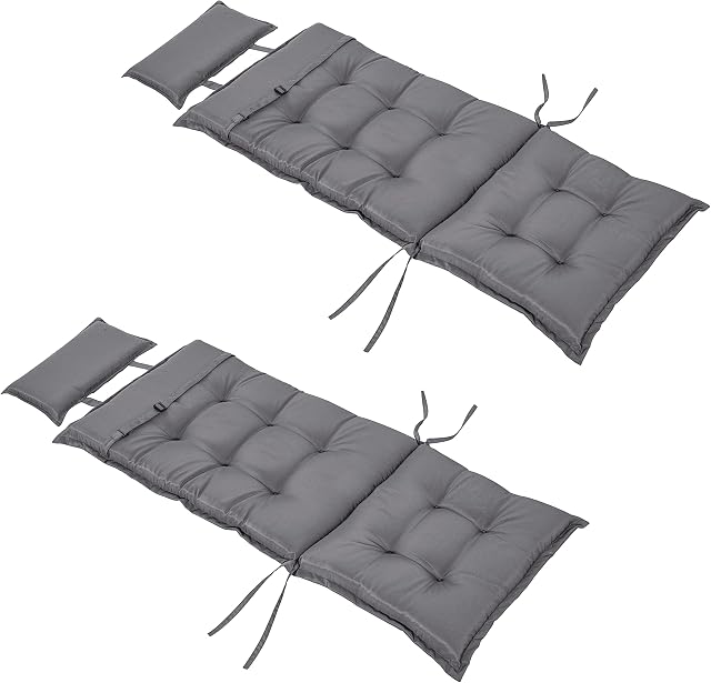 Outsunny Set of 2 Garden Chair Cushion Seat, 120L x 50W x 9D cm High Back Dining Chair Padded Patio Chair with Pillow for Indoor and Outdoor Use, Dark Grey