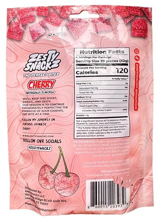 Cherry Zesty Bitez - Sour Candy Belts - Vegan Candy Strips, Super Sour Gummies - Mouth Puckering Sweet Candies for Adults & Kids - Resealable Pouch 4.2oz - Cherry by Finatic