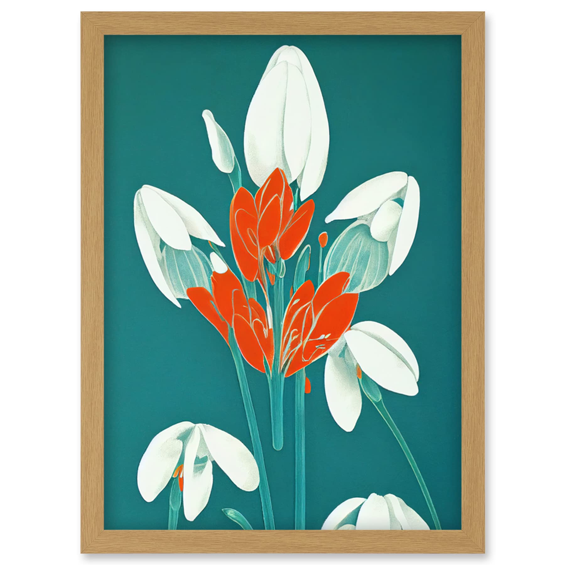 Wee Blue Coo Abstract Snowdrops Red Flowers on Teal Retro Mid Century Style Artwork Framed Wall Art Print A4