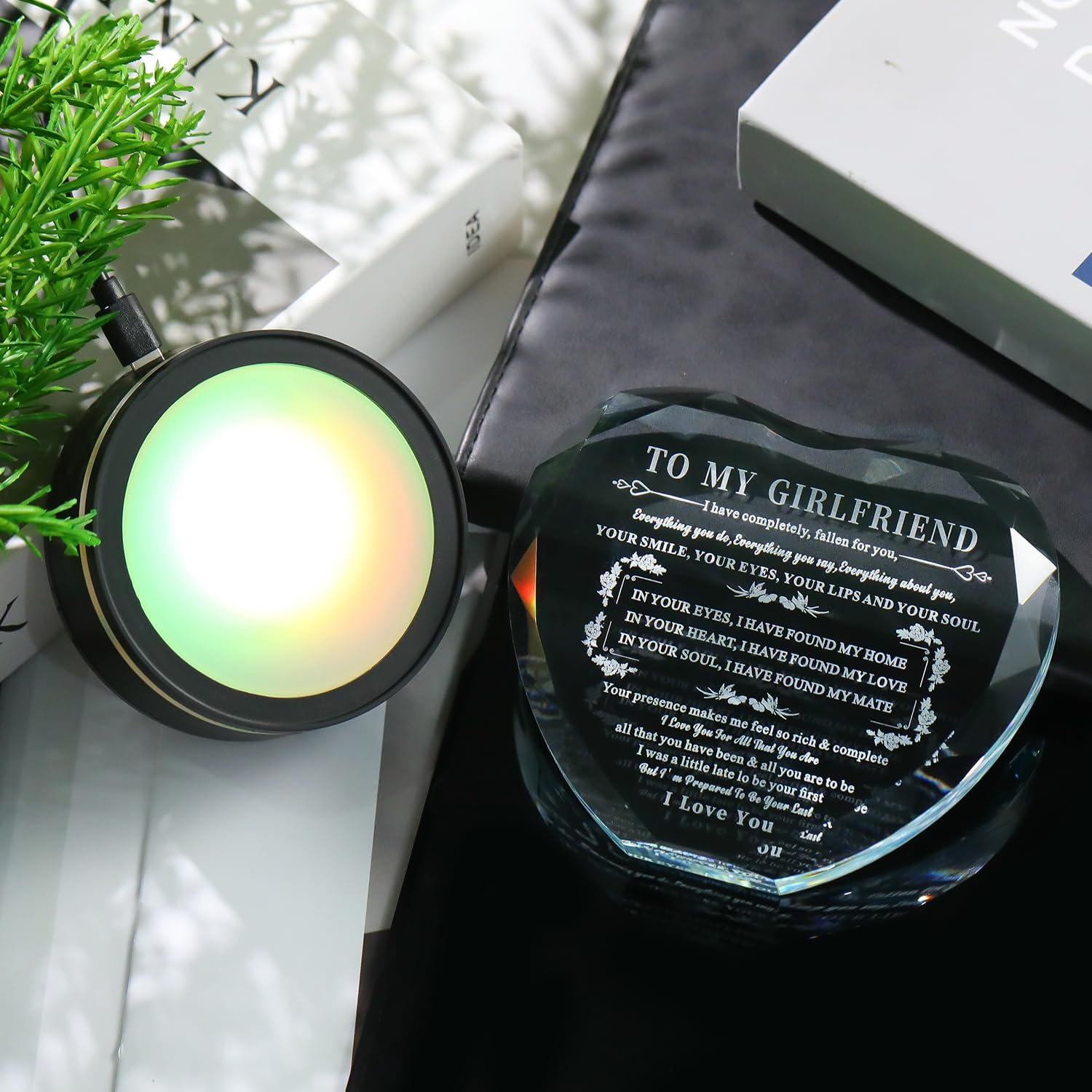 Bluebook Romantic Gifts for Girlfriend from Boyfriend, Heart-Shaped Crystal Plaque with Multicolor LED Base, Laser Engraving Couple Souvenir Gifts-I Have Completely Fallen for You