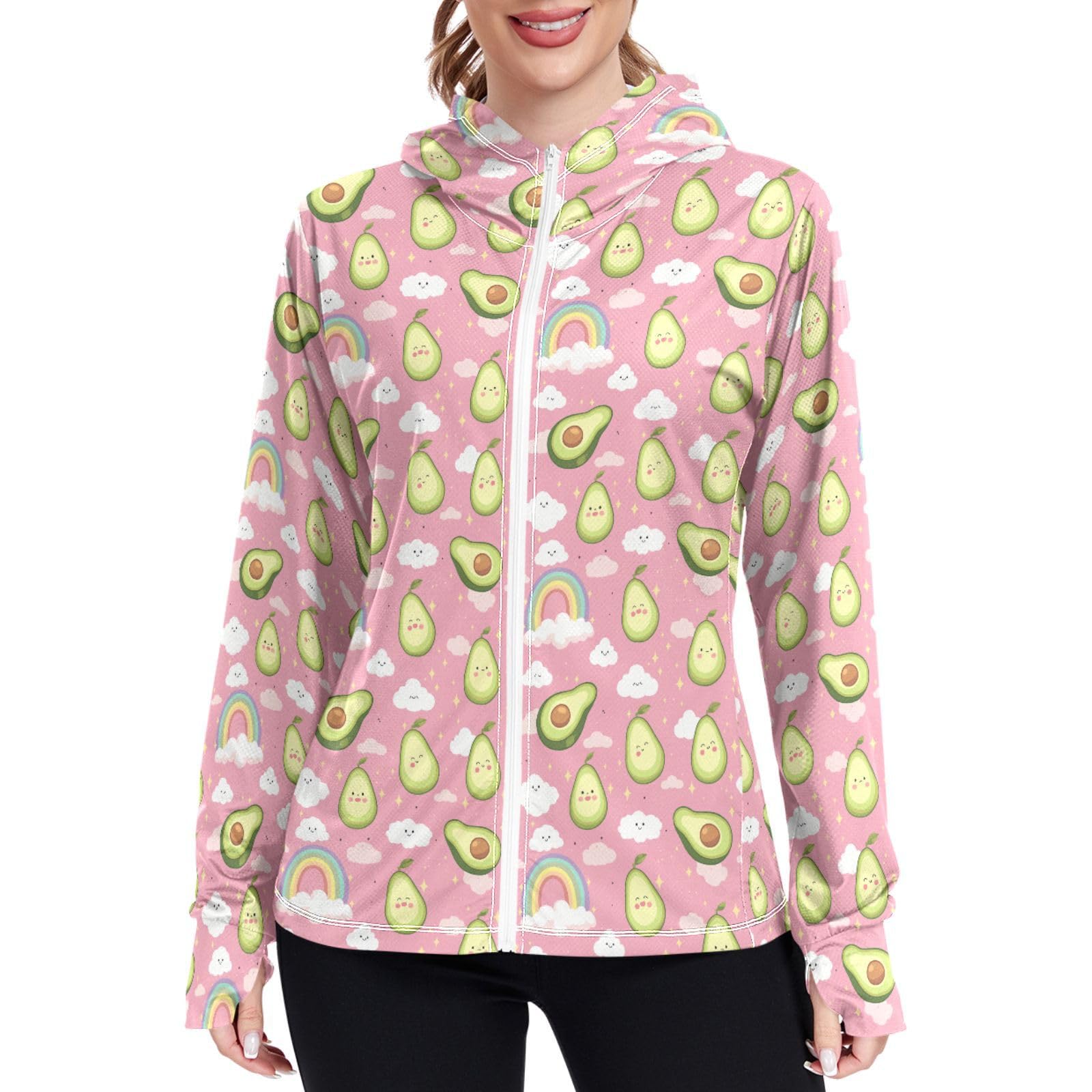 Cute Avocado with Rainbows Womens Sun Protection Hoodie Jacket Lightweight Zip Up Jackets for Women UPF 50+ Clothing for Hiking Golf Cycling XL Pink