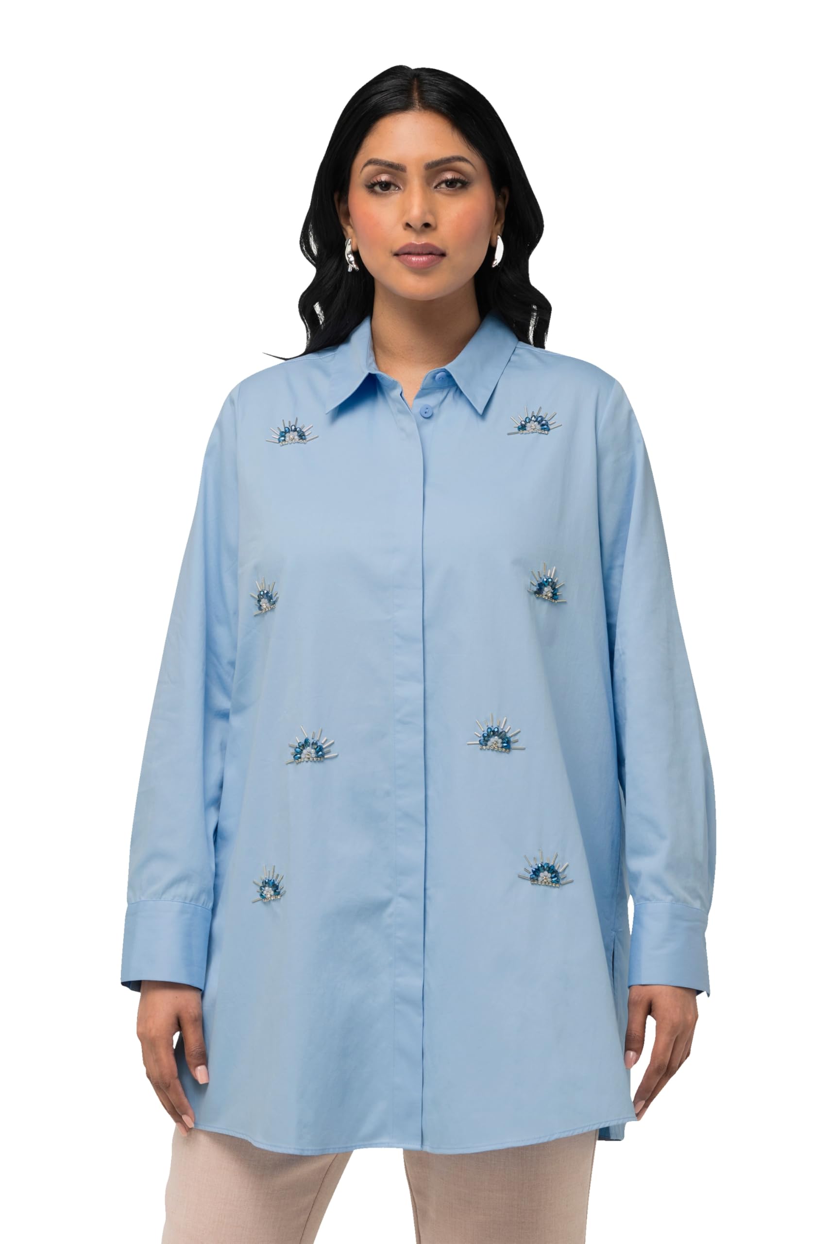 Ulla Popken Damen große Größen Übergrößen Plus Size Hemdbluse, Stickerei, Perlen, Hemdkragen, Langarm 832626
