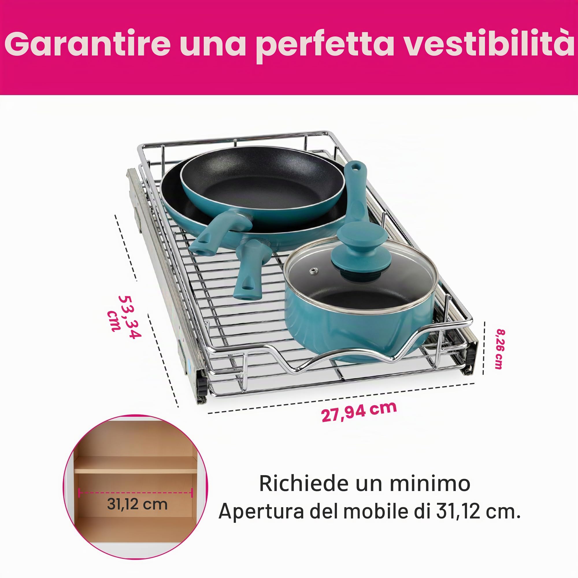 HOLD N' STORAGE - Organizer estraibile per cassetti, resistente, con ripiani estraibili, 28 x 53 cm (larghezza x profondità), richiede almeno un'apertura da 30,6 cm, metallo in acciaio, finitura | Cassetti per armadi in acciaio cromato, richiede almeno 30