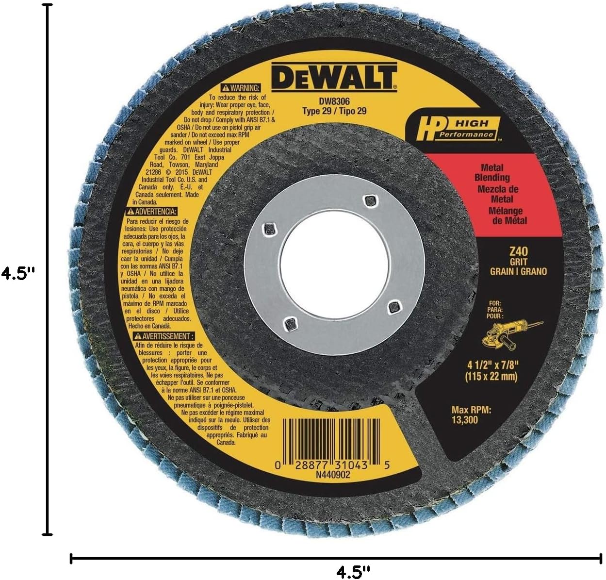 DEWALT Flap Disc, Zirconia, 4-1/2-Inch by 7/8-Inch, 40-Grit (DW8306)