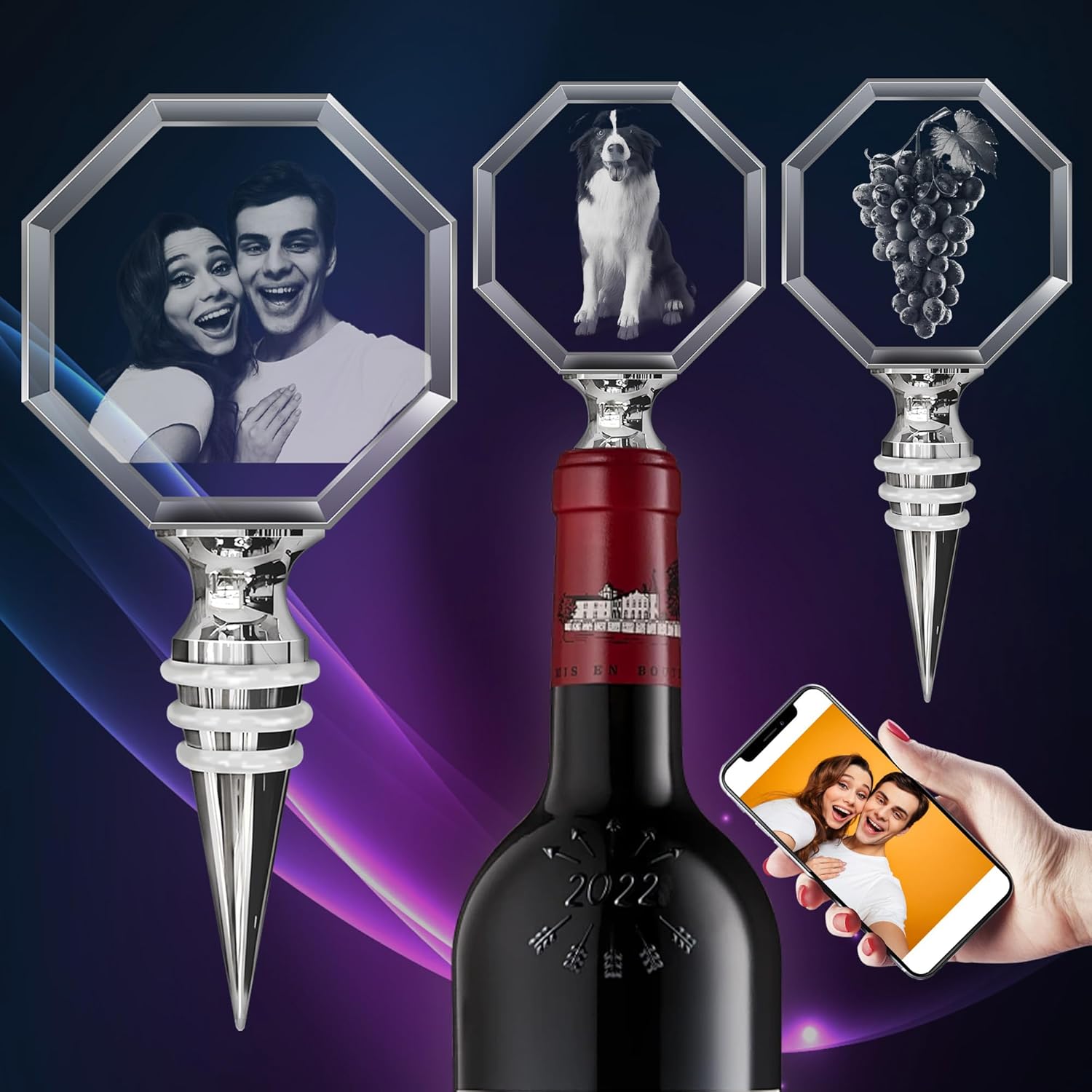 3D Personalized Crystal Wine Stopper, 3D Crystal Picture Engraved, Custom with Your Own Personal Logo, Text and Image, Gift for Father Dad, Anniversary Birthday Wedding Family Gifts (Octagonal)