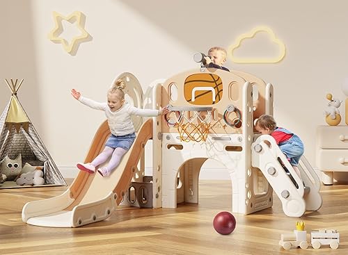 Tobogán 9 en 1 para niños pequeños de 1 a 3 años con lanzamiento de anillo, aro de baloncesto y telescopio, tobogán para interiores y exteriores,