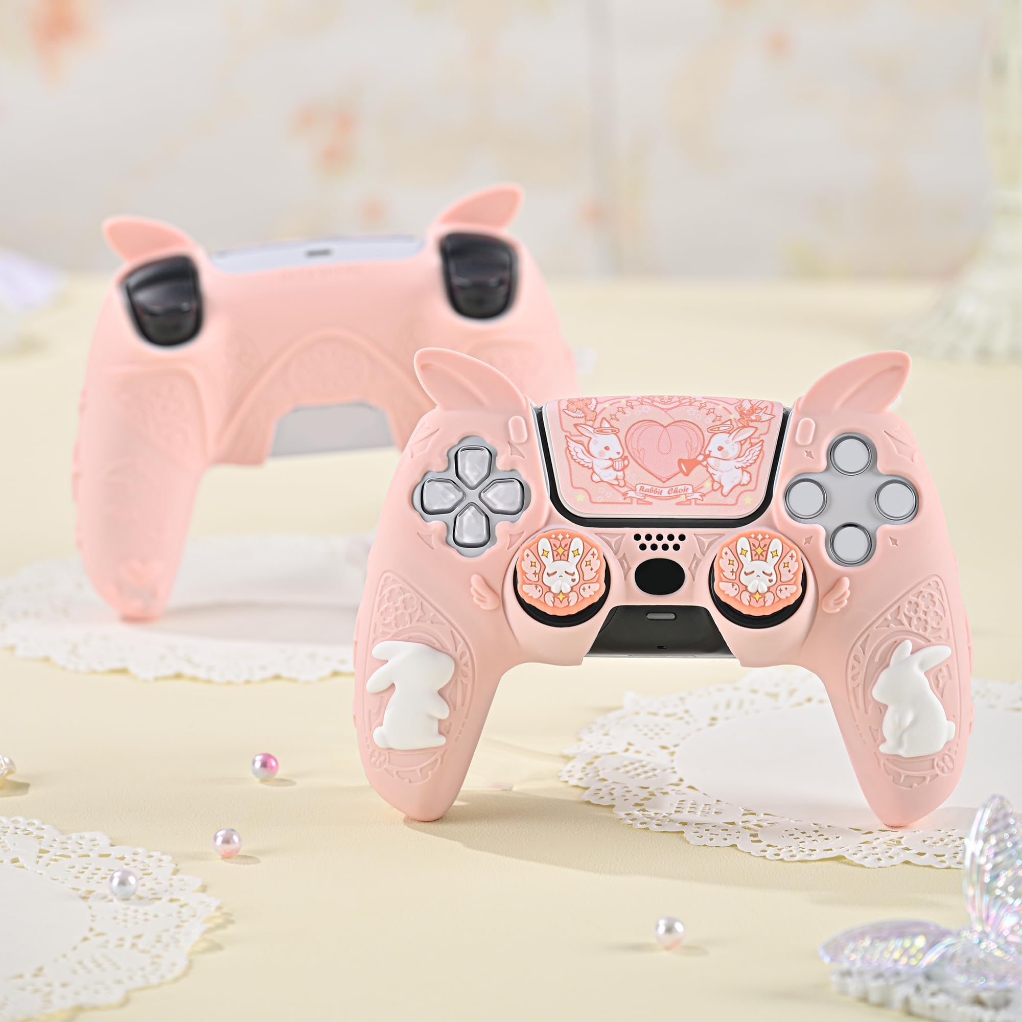 GeekShare PS5 Kontroler Ochronne Etui, Miękkie Silikonowe Etui Ochronne do Bezprzewodowego Kontrolera PS5 z 2 Nakładkami na Kciuki i 1 Naklejką - Gothic Bunny