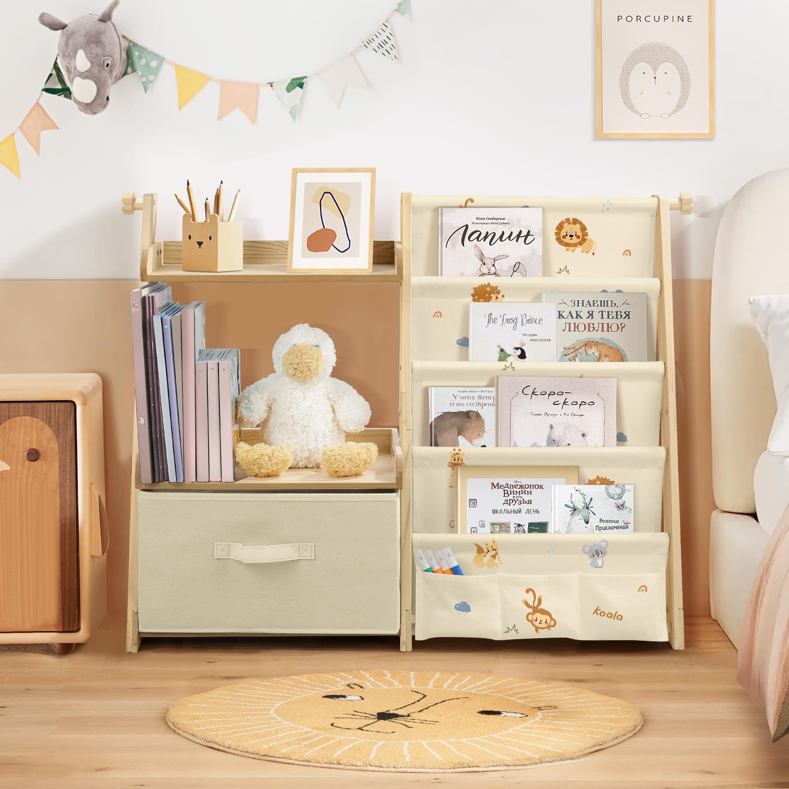 Libreria Montessoriana per Bambini Bambina, Scaffale per Giocattoli, Legno Massiccio Montessori Scaffale Libreria 85 * 69.5 * 34.5cm - Animali della Giungla
