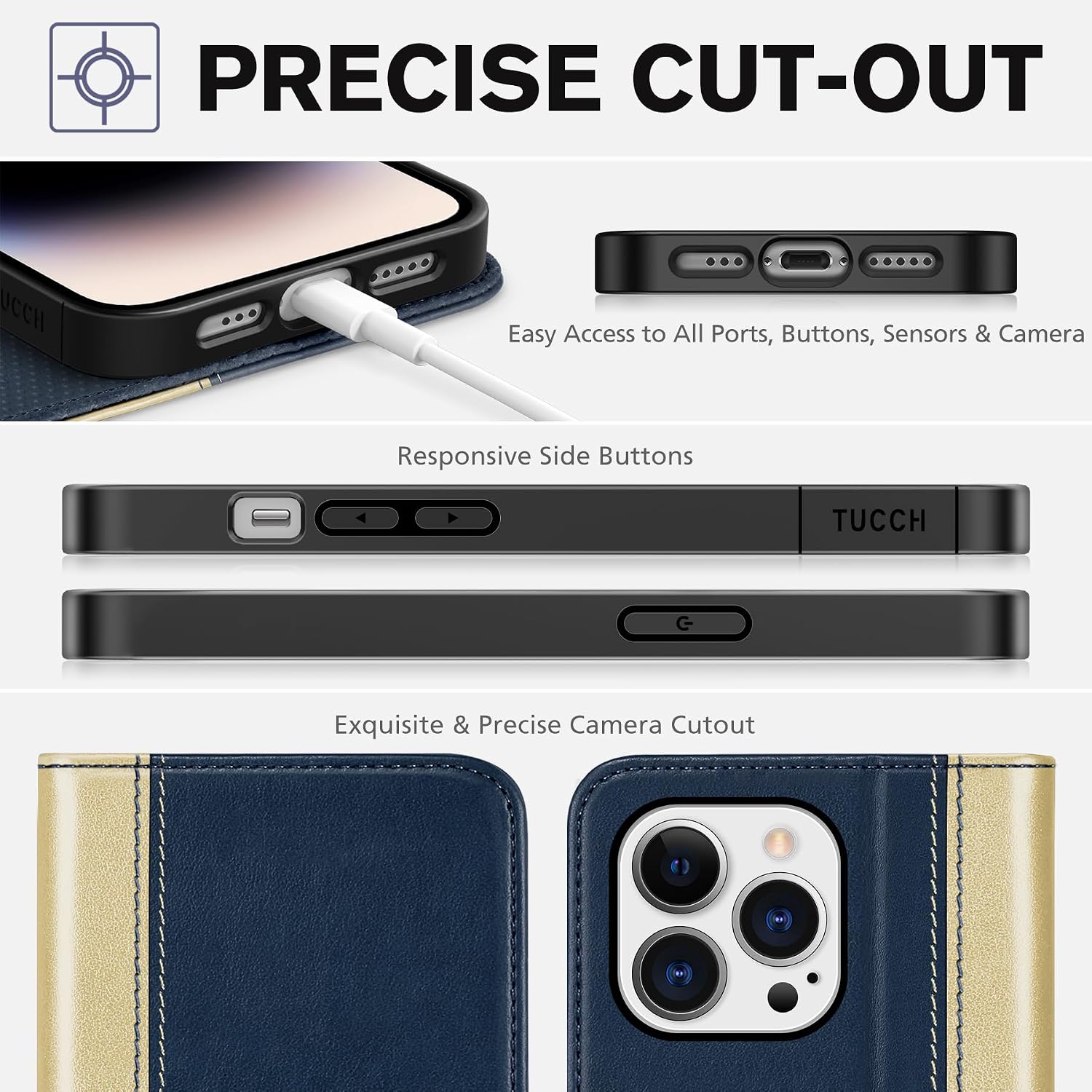 TUCCH Wallet Case for iPhone 14 Pro, PU Leather Folio with RFID Blocking, 3 Card Slot, Kickstand Book Design, Compatible with iPhone 14 Pro 6.1-inch, Gold & Blue