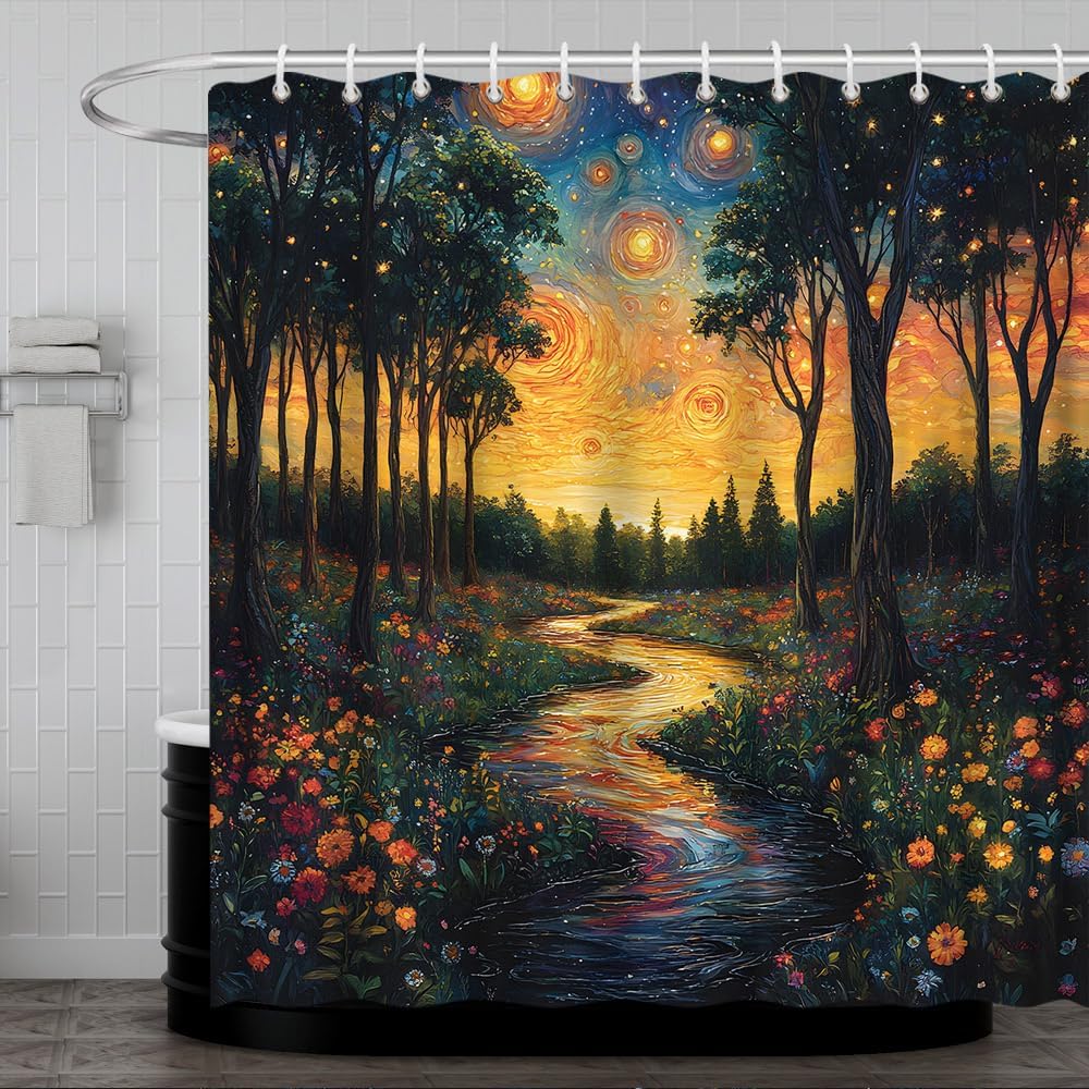 Enchanted Forest Starry Shower Curtain Rustic Fantasy Forest Flower Planet Garden Rural Wonderland Bath Decor Polyester Fabric Curtains 106X70 Inch