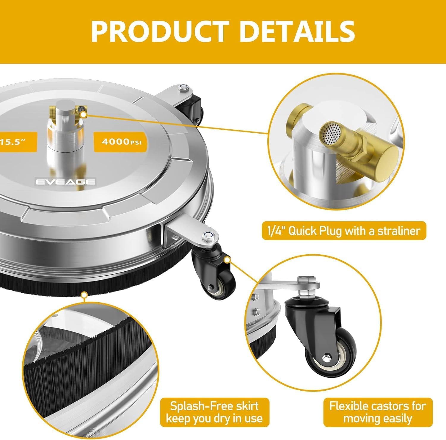 EVEAGE 4000PSI Pressure Washer Surface Cleaner, 15.5" Stainless Steel Housing Power Washer Accessories Power Washer Surface Cleaner with 4 Wheels, with 2 Extension Wand, 2 Replacement Nozzles