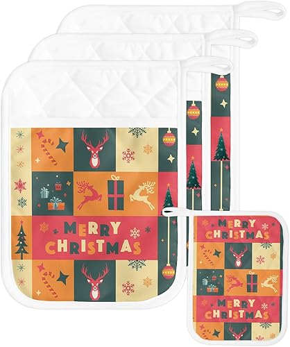 Miniatura 38 de Juego de 2 agarraderas de tela de toalla antideslizantes y con aislamiento térmico con bolsillo, guantes gruesos para horno, posavasos para hornear