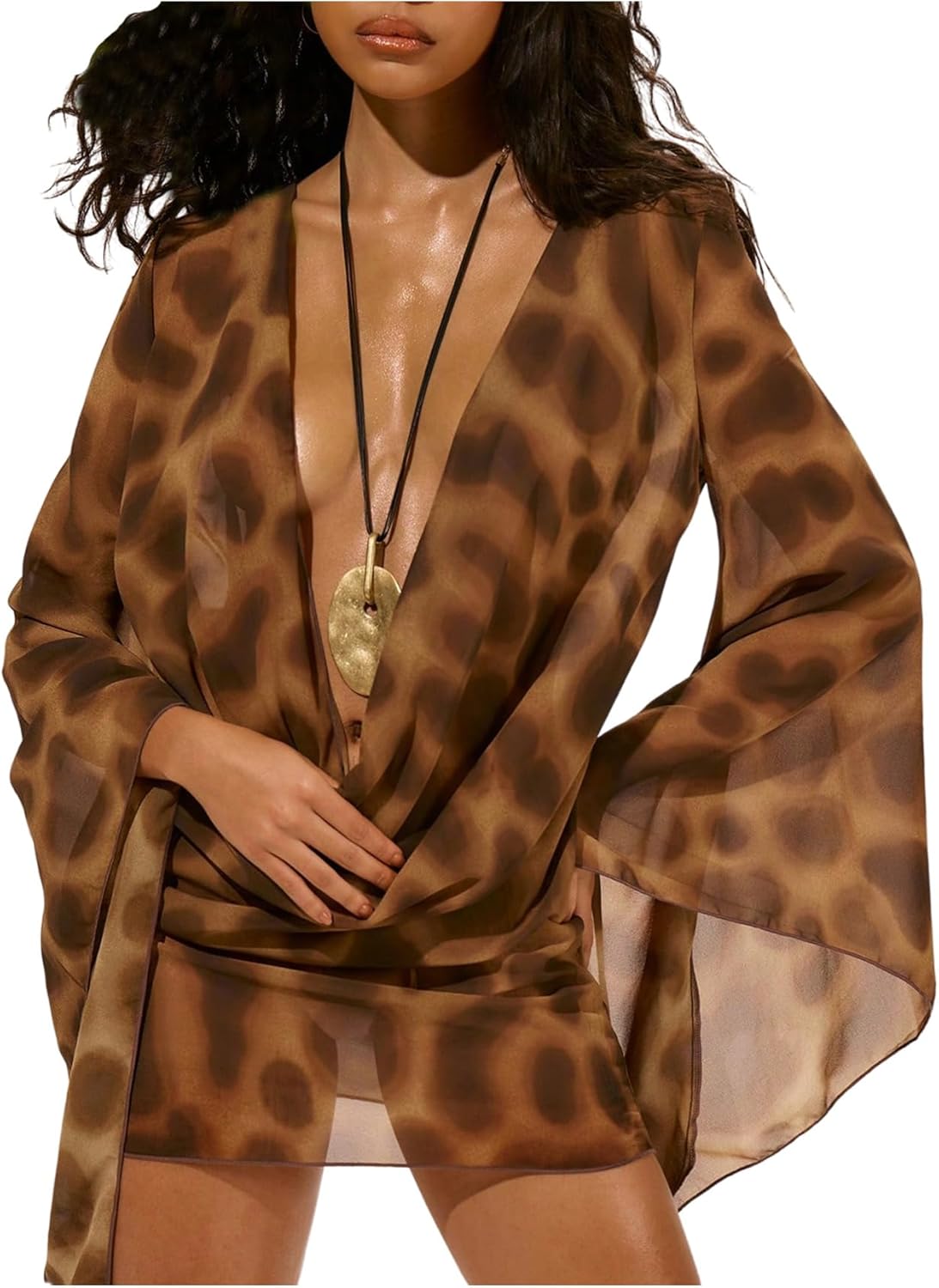 Floerns Women's Animal Print Swimsuit Cover Up Sundress Deep V Cowl Neck Bell Sleeve Beach Vacation Mini Dress