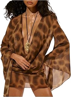 Floerns Women's Animal Print Swimsuit Cover Up Sundress Deep V Cowl Neck Bell Sleeve Beach Vacation Mini Dress Price In India