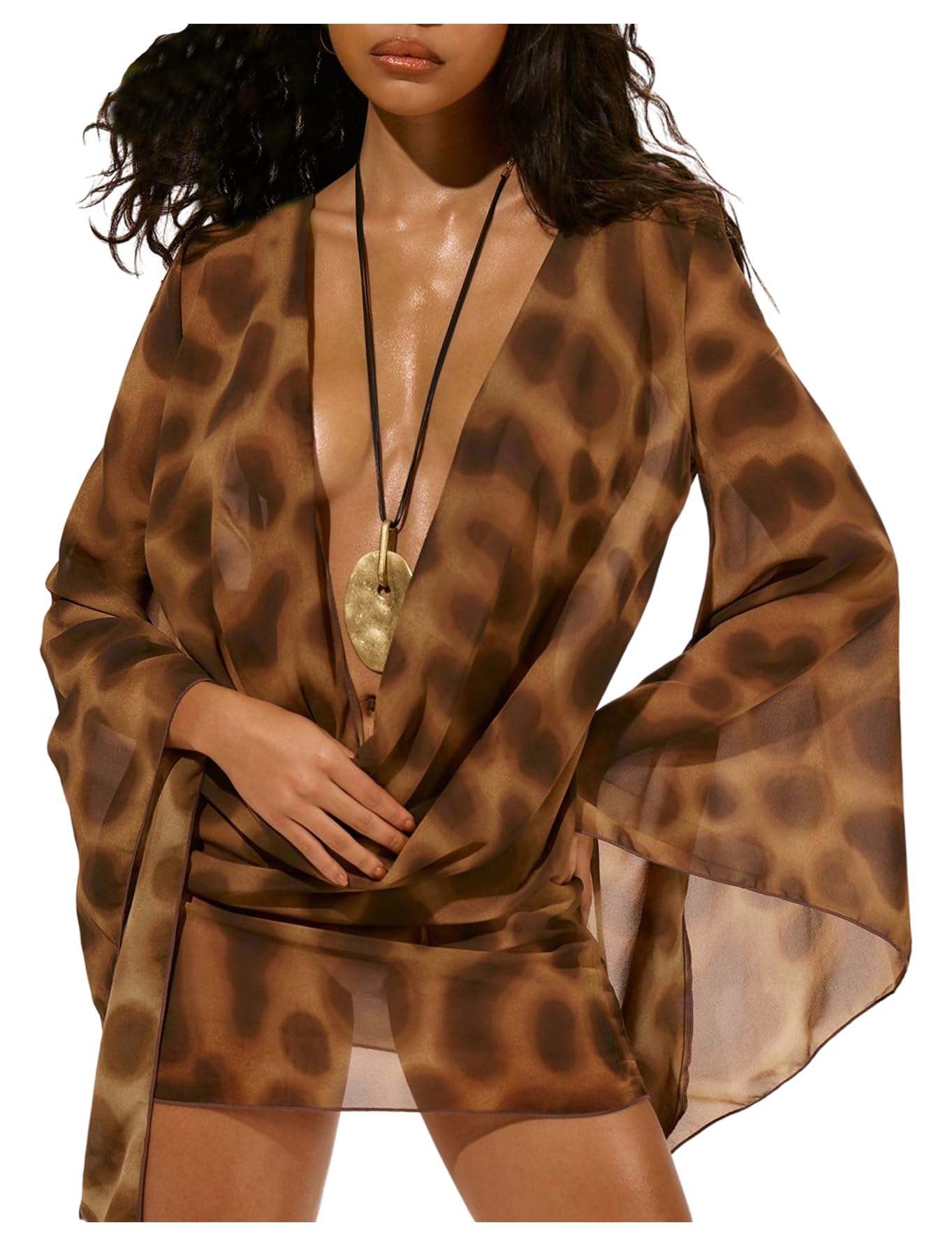 Women's Animal Print Swimsuit Cover Up Sundress Deep V Cowl Neck Bell Sleeve Beach Vacation Mini Dress-image-15