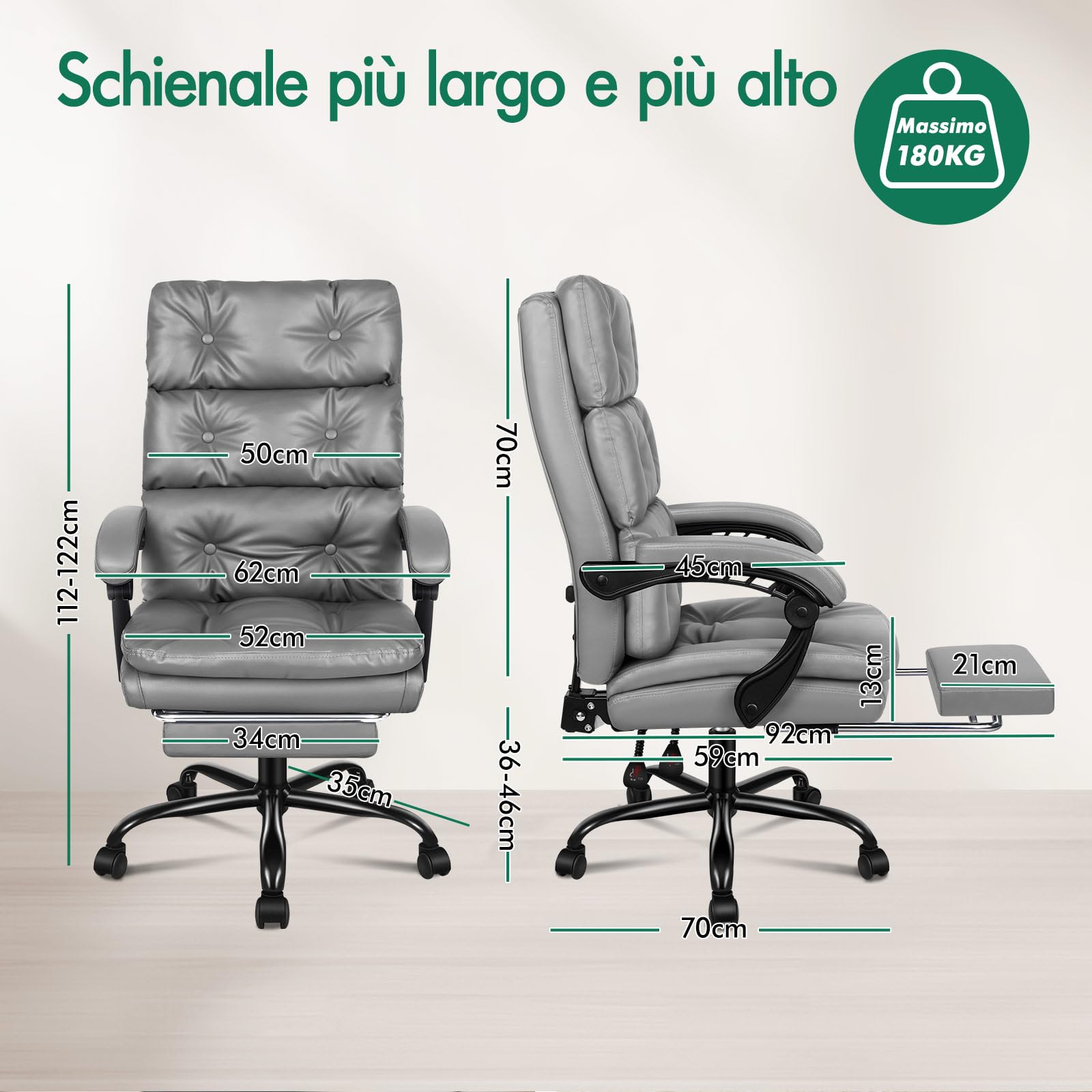 ALFORDSON Sedia Ufficio Ergonomica, Poltrona Direzionale, Girevole e Altezza Regolabile, da Scrivania in Studio con Poggiagambe e Rotelle, Portante di 180 kg, Similpelle(Grigia)