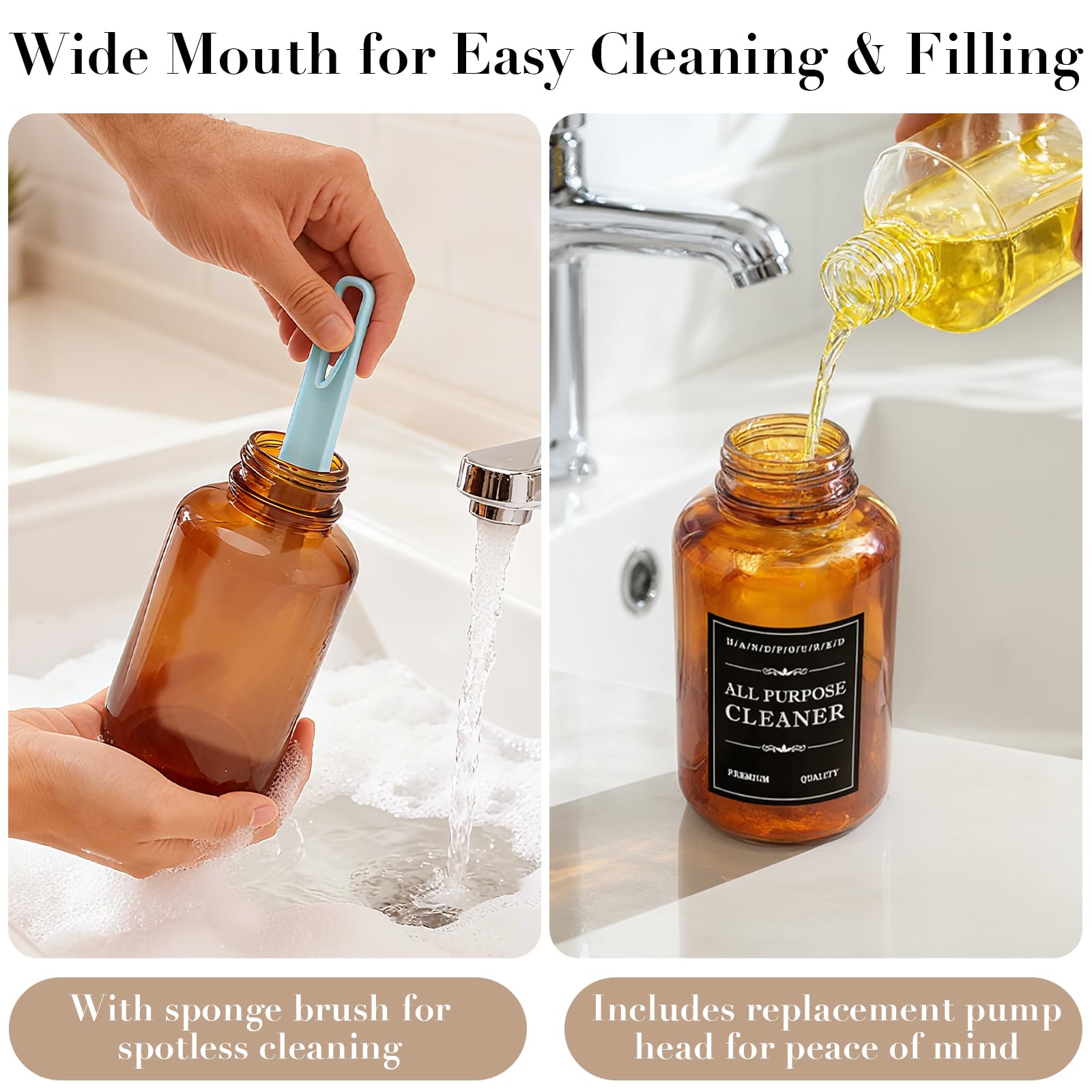 2 Peezi 400ml Distributori di Sapone in Schiuma, Maxumille Marrone Schiuma Dispenser Sapone Bagno, Flaconi Riutilizzabili per Shampoo con Mano Antiscivolo, per Bagni e Cucine Hotel