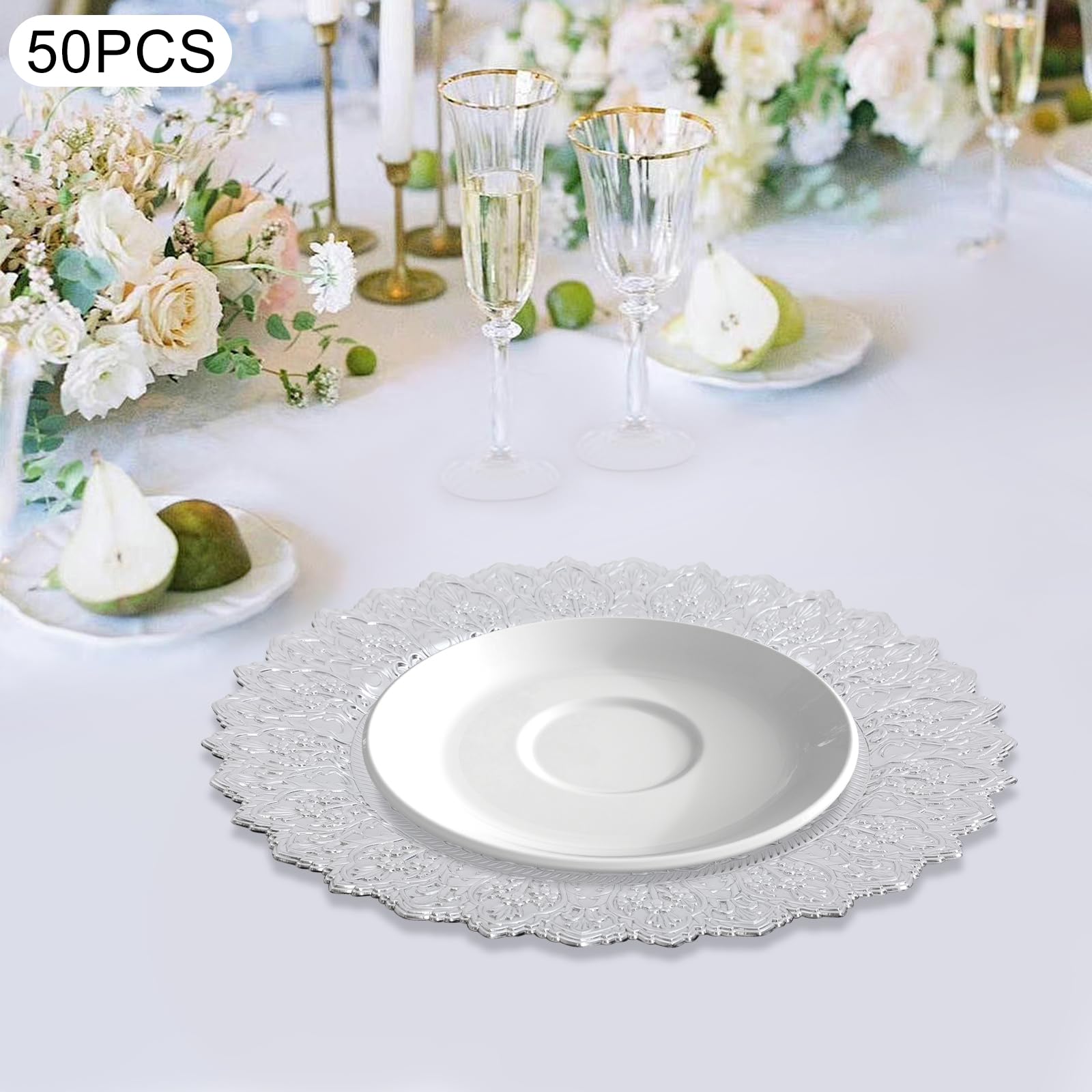 Lot de 50 assiettes de présentation rondes antiques réutilisables pour dîner, fête, décoration de table, fête de mariage, 33 cm