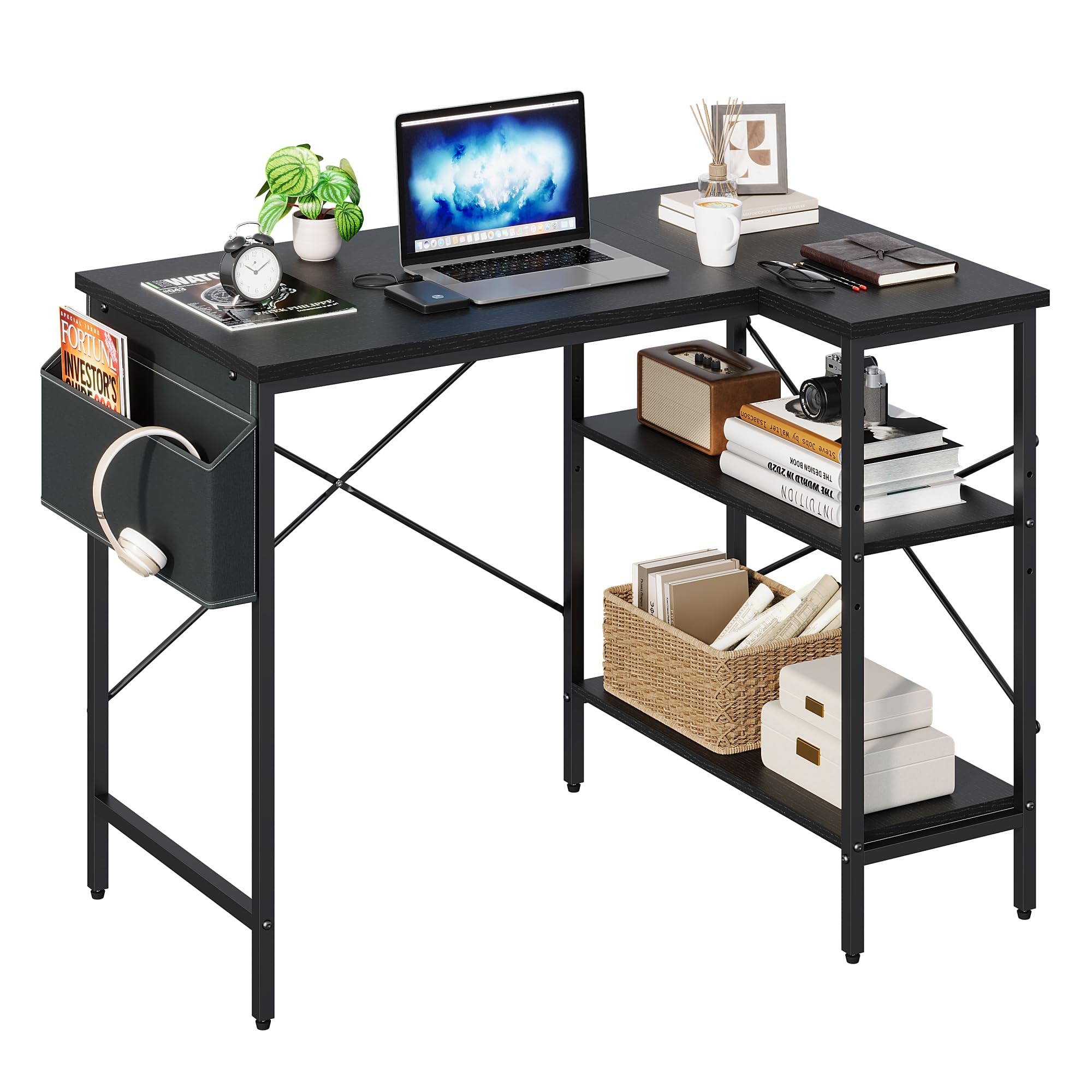 Panana L Shaped Gaming Desk Corner Computer Desk with Storage Shelves & Storage Bag, Reversible Home Office Desk Workstation Writing Study Table for Small Spaces (Black, 120x70cm)