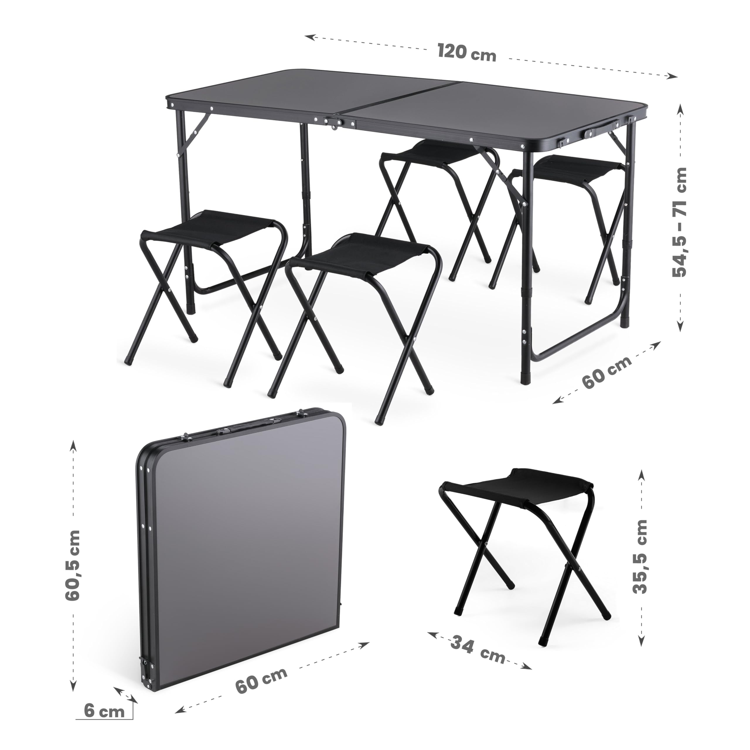 Tavolo da Campeggio con 4 Sedie, Altezza Regolabile, Tavolo Barbecue Pieghevole Portatile 120 x 60 cm, Tavolo Pieghevole in Alluminio con 4 Sgabelli Pieghevoli per Campeggio, Picnic, Barbecue Giardino