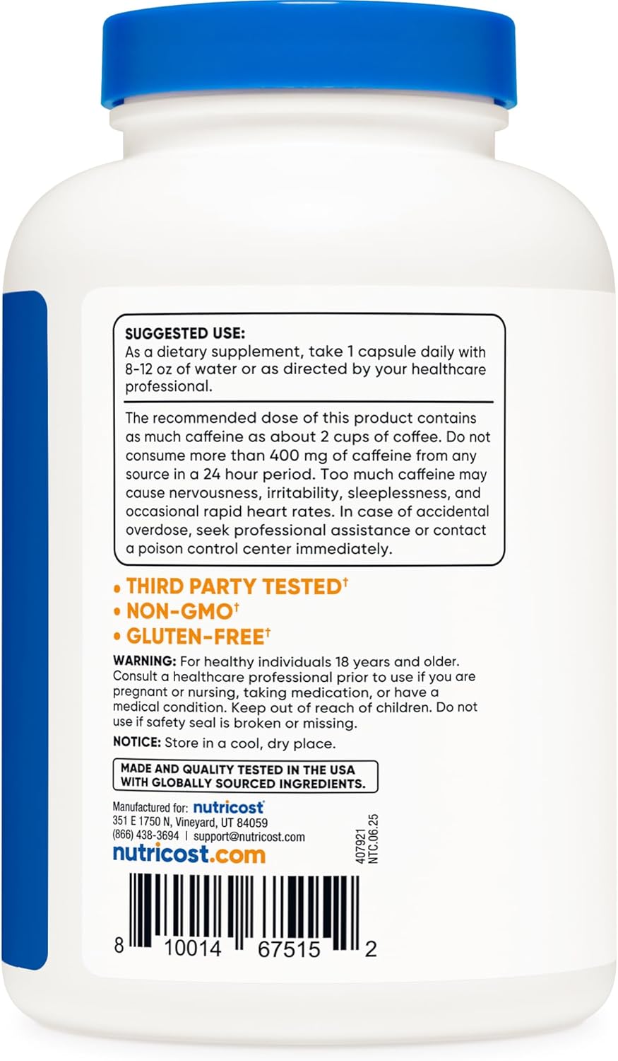 Nutricost Caffeine Pills, 200mg Per Serving (500 Caps) - Image 4