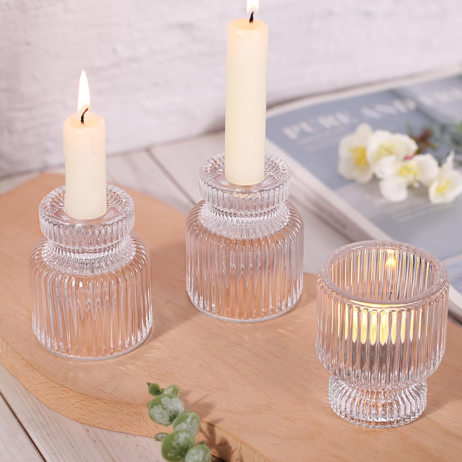 6 Pcs Clear Glass Candlestick Holders with Vertical Stripes - Dual-Use for Taper Candles & Votive/Tea Lights, Taper Candle Holders for Dining Table, Wedding, Home, Party Decor, Gifts