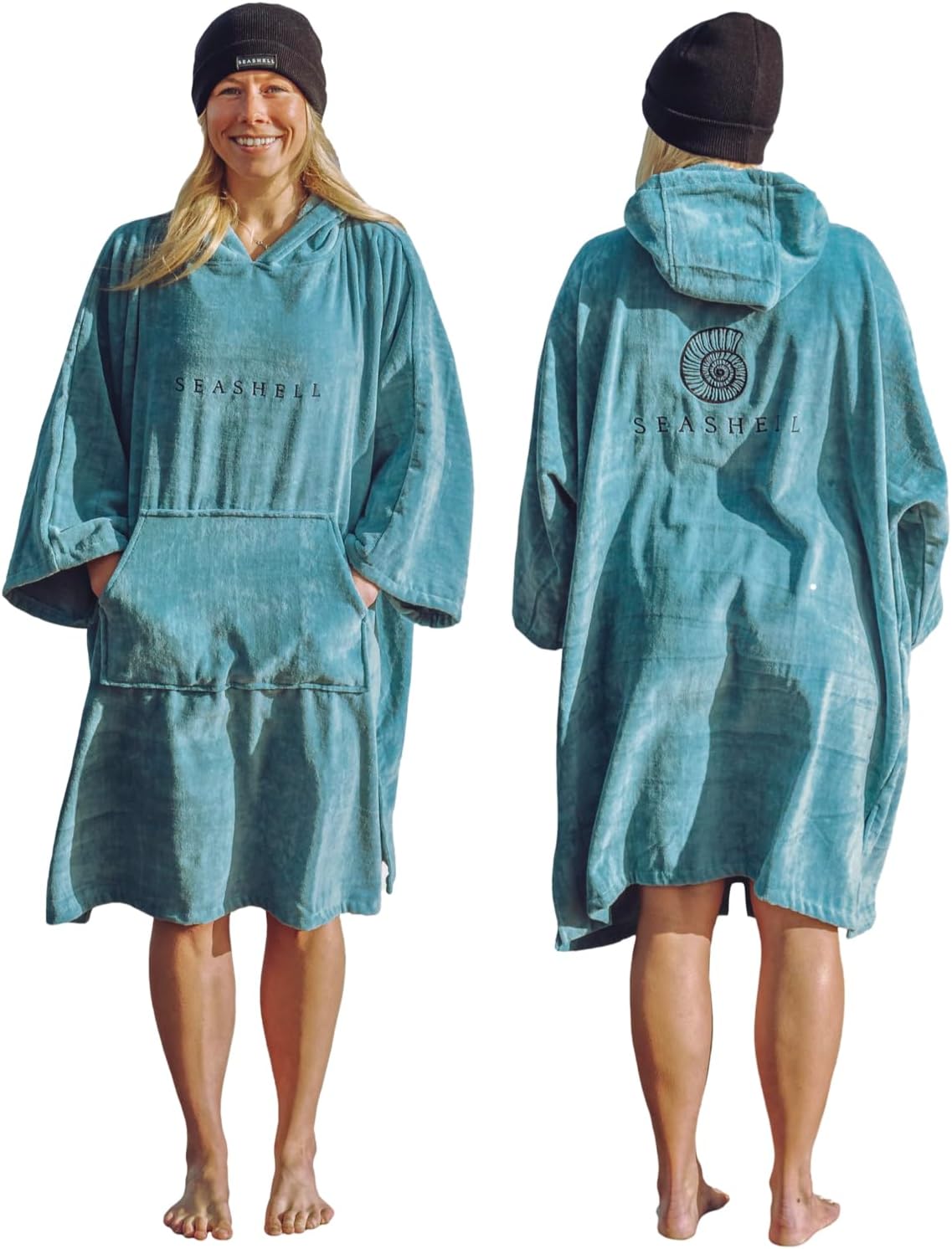 SEASHELL Adult Towelling Changing Robe – Hooded Poncho Towel in Organic Cotton (340gsm) – Quick-Dry, Super Absorbent, Mid Sleeve – For Swimming, Surfing, Beach, Wild Swimming, Water Sports