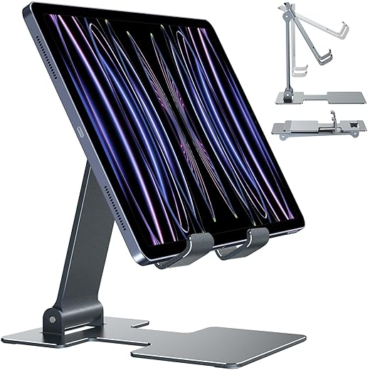 Anozer Tablet Stand, Adjustable & Foldable Aluminium for iPad Stand,Designed for 2022 iPad Air 5/4,for iPad Mini 6/5,for iPad 10.2,for iPad Pro 12.9/11,Portable Monitor, Surface (4-13 inch)-Grey Blue